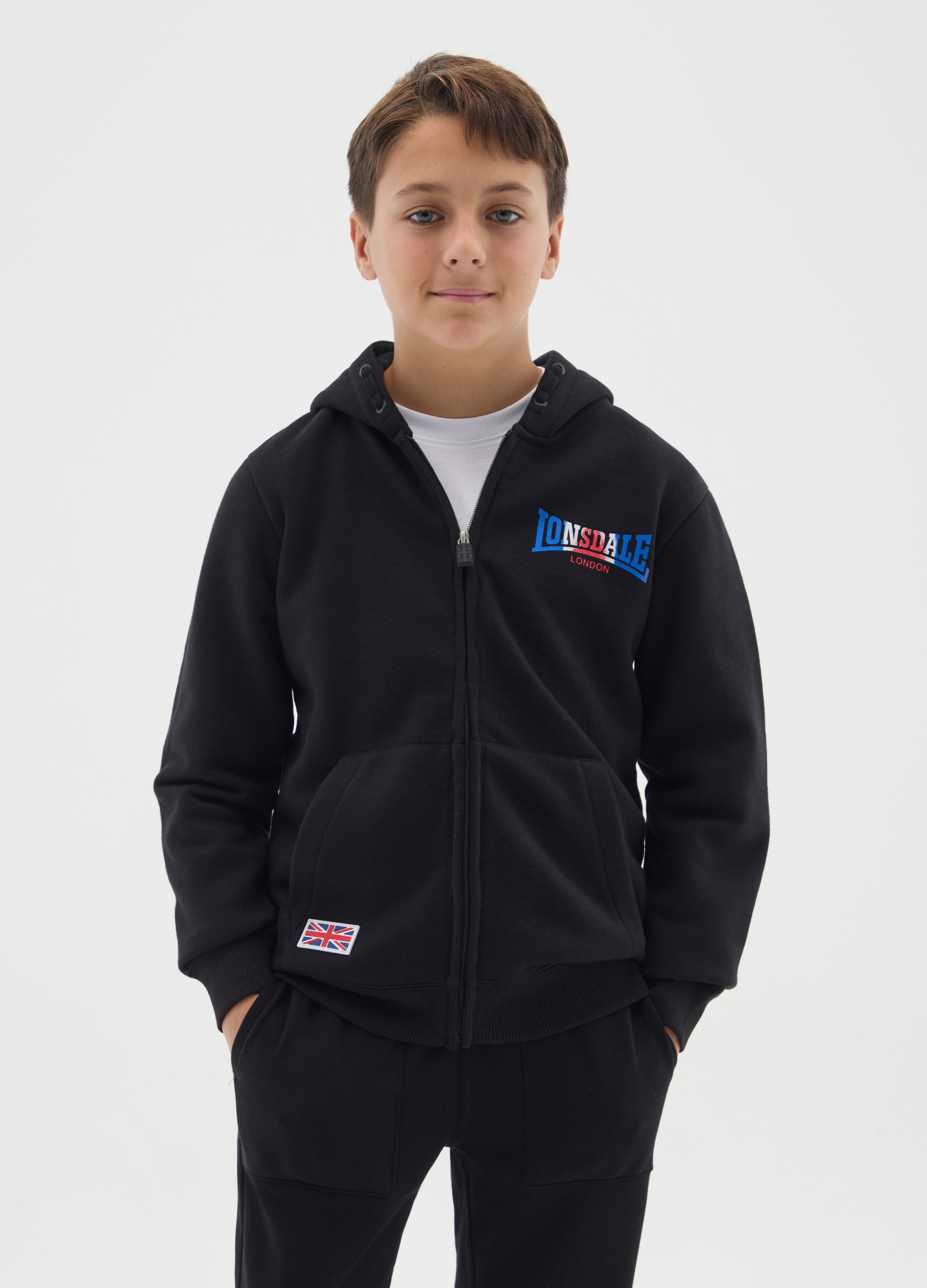 LONSDALE, Felpa Da Bambino In Misto Cotone Nera Con Cappuccio, Nero, Taglia: 11-12