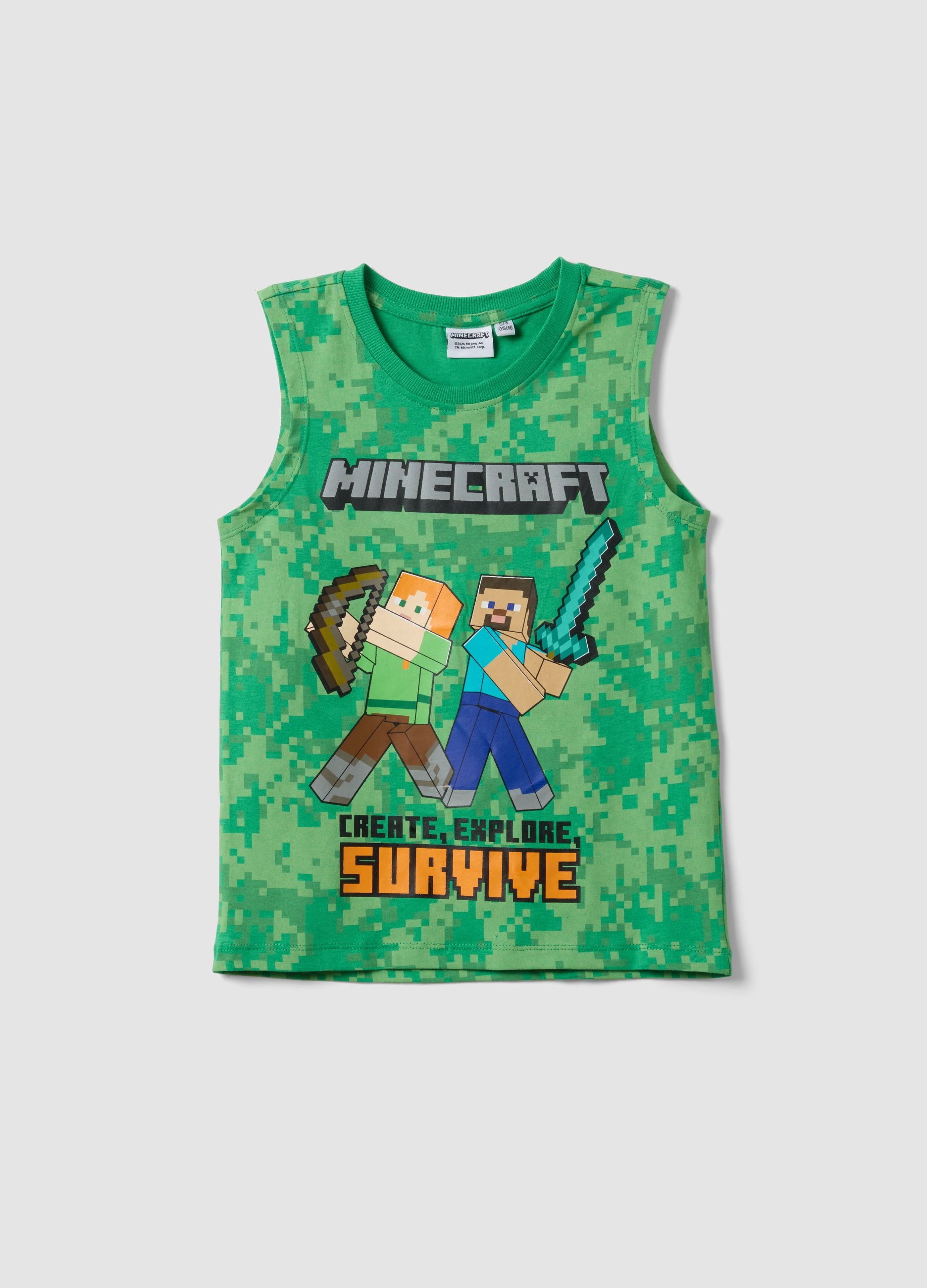 OVS KIDS, Camiseta De Tirantes Verde De Algodón Puro Para Niño Con Estampados De Minecraft, Niño, Verde, Talla: 7-8