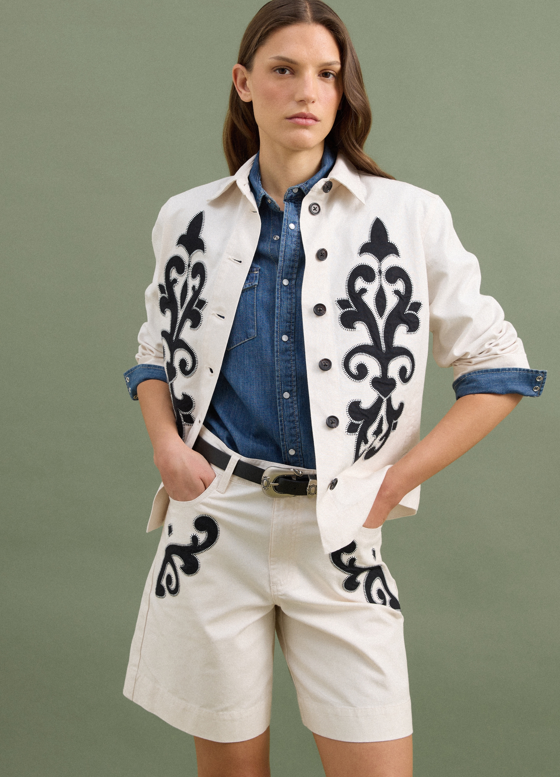 PIOMBO, Blazer Bianco In Misto Lino E Lyocell Con Ricami A Contrasto Regular Fit, Donna, Bianco, Taglia: XS