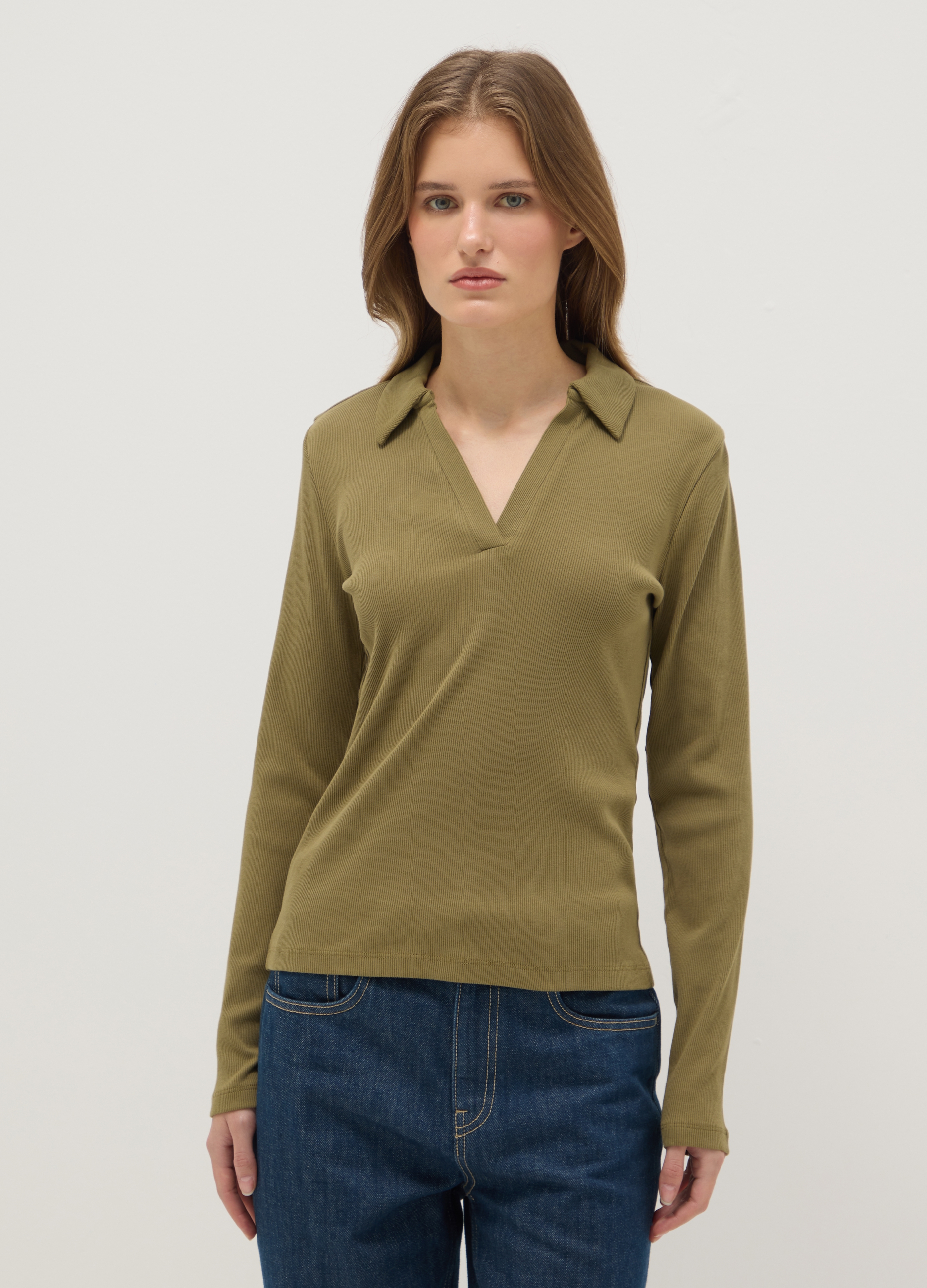 Polo Verde De Manga Larga Con Cuello En V De Algodón Puro Ajuste Regular, Mujer, Verde Oliva, Talla: 38