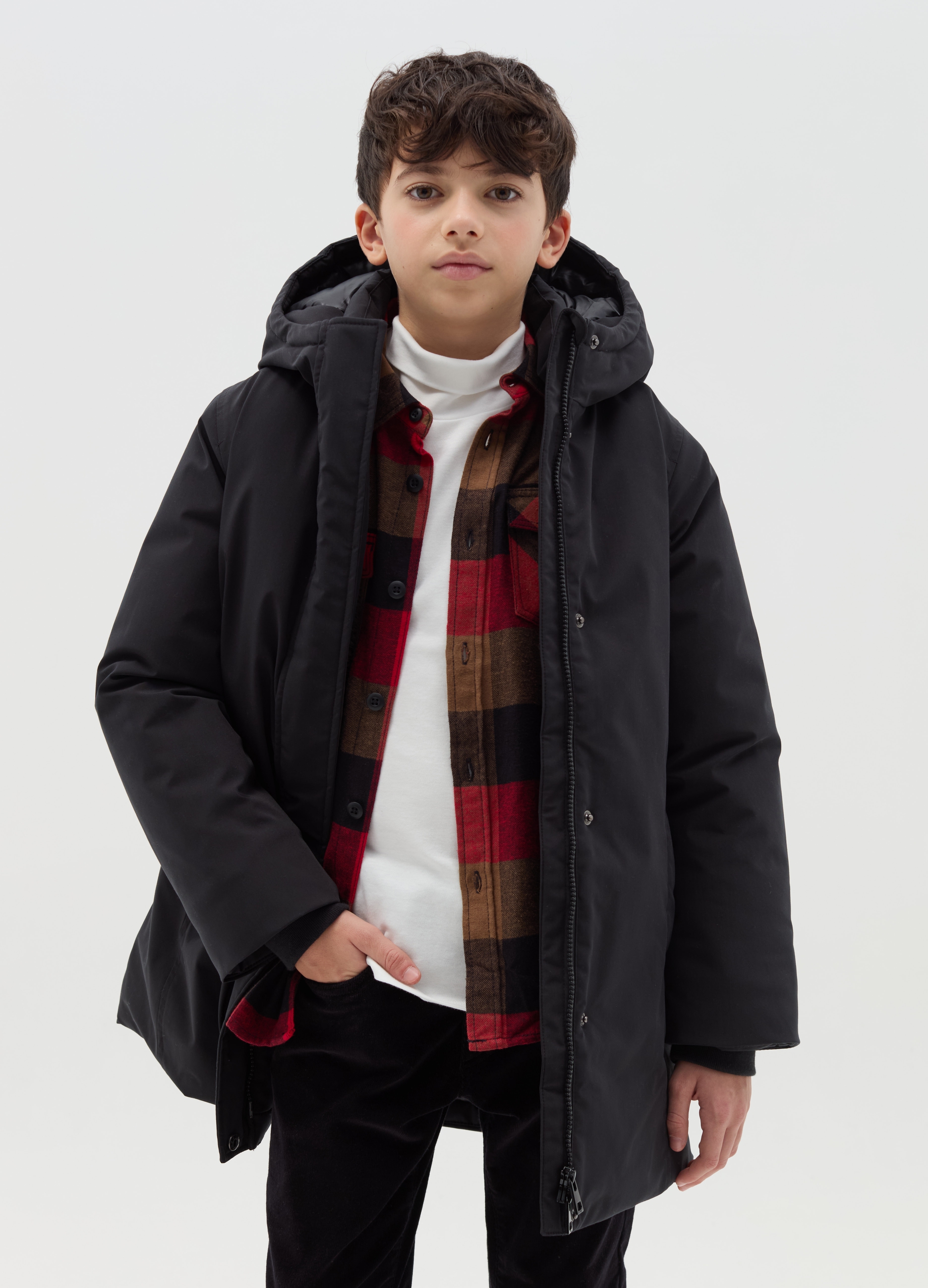 Parka Larga Con Capucha, Niña, Negro, Talla: 11-12