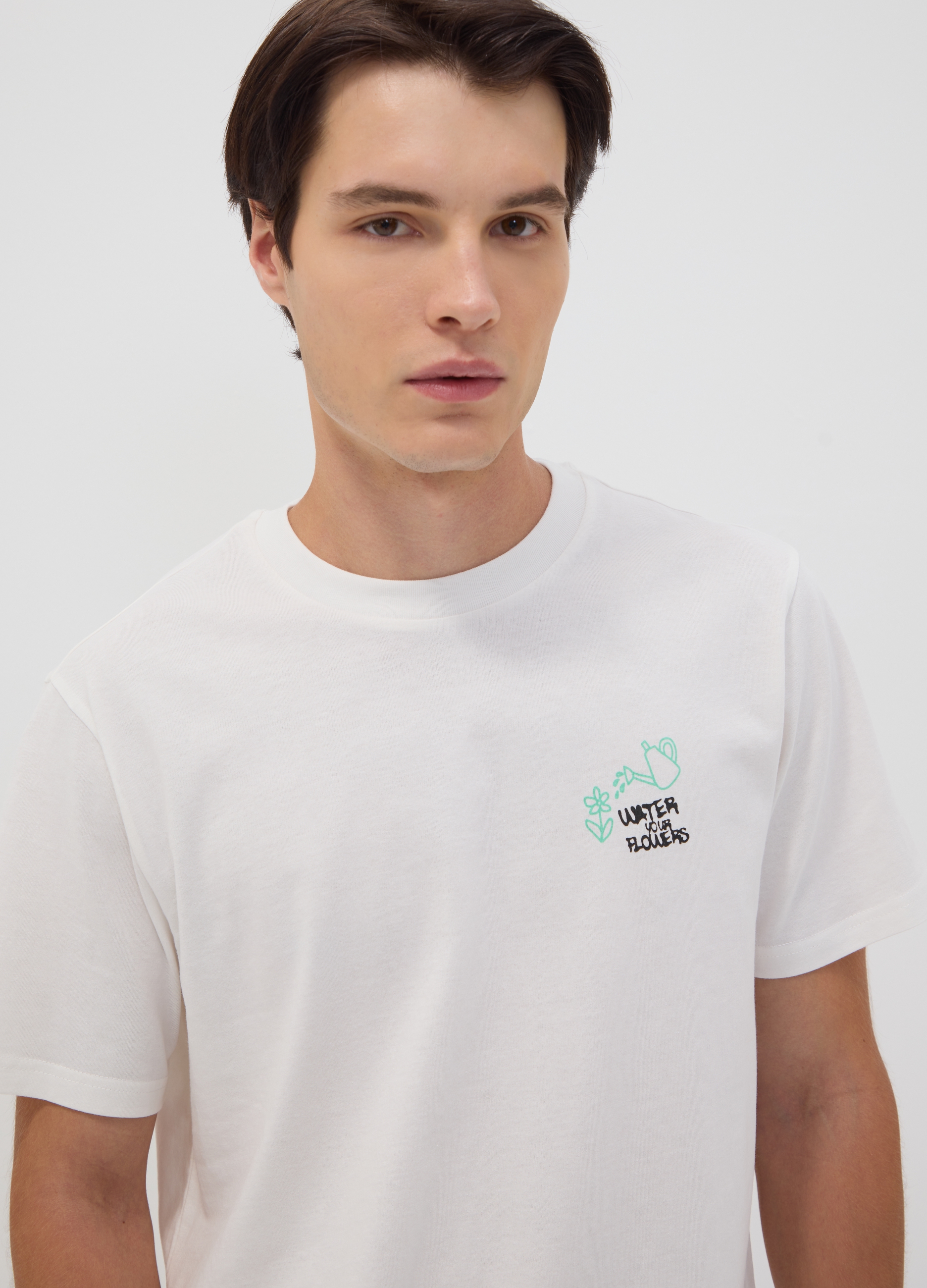 OVS, T-shirt Bianca In Puro Cotone Jersey E Stampa "water Your Flowers" Regular Fit, Uomo, Bianco, Taglia: M