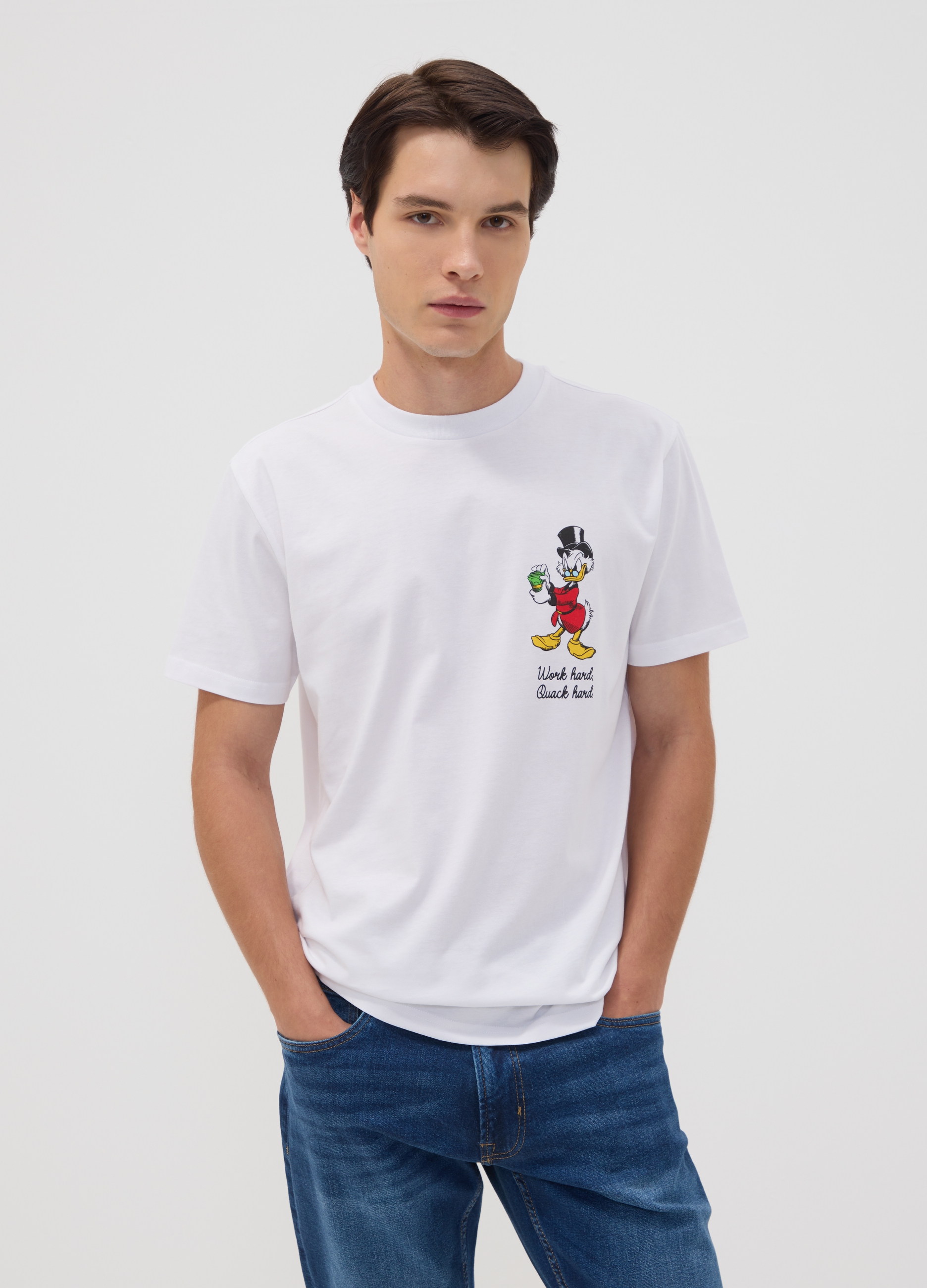DISNEY, T-shirt Bianca In Puro Cotone Con Stampa Disney, Unisex, Bianco, Taglia: M