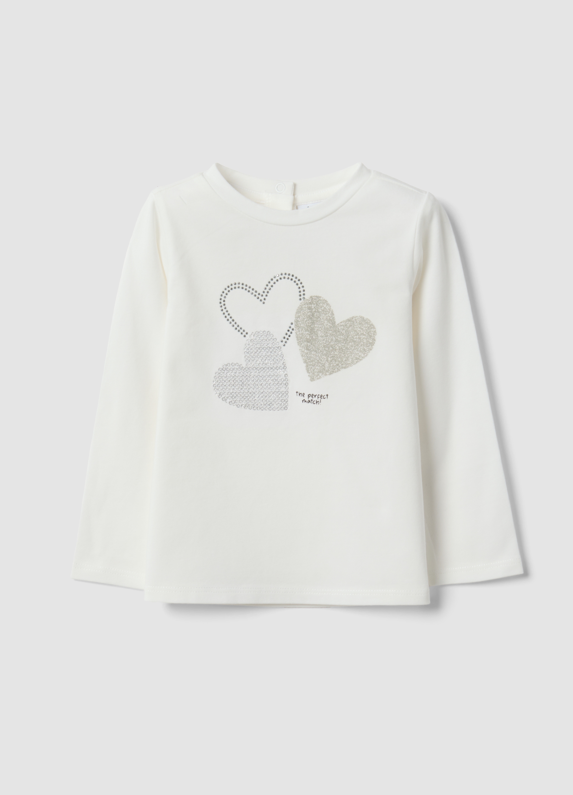 FAGOTTINO, Maglietta Bianca In Cotone Organico Elasticizzato Con Stampa Cuori Per Bimba, Bambina, Bianco, Taglia: 30-36