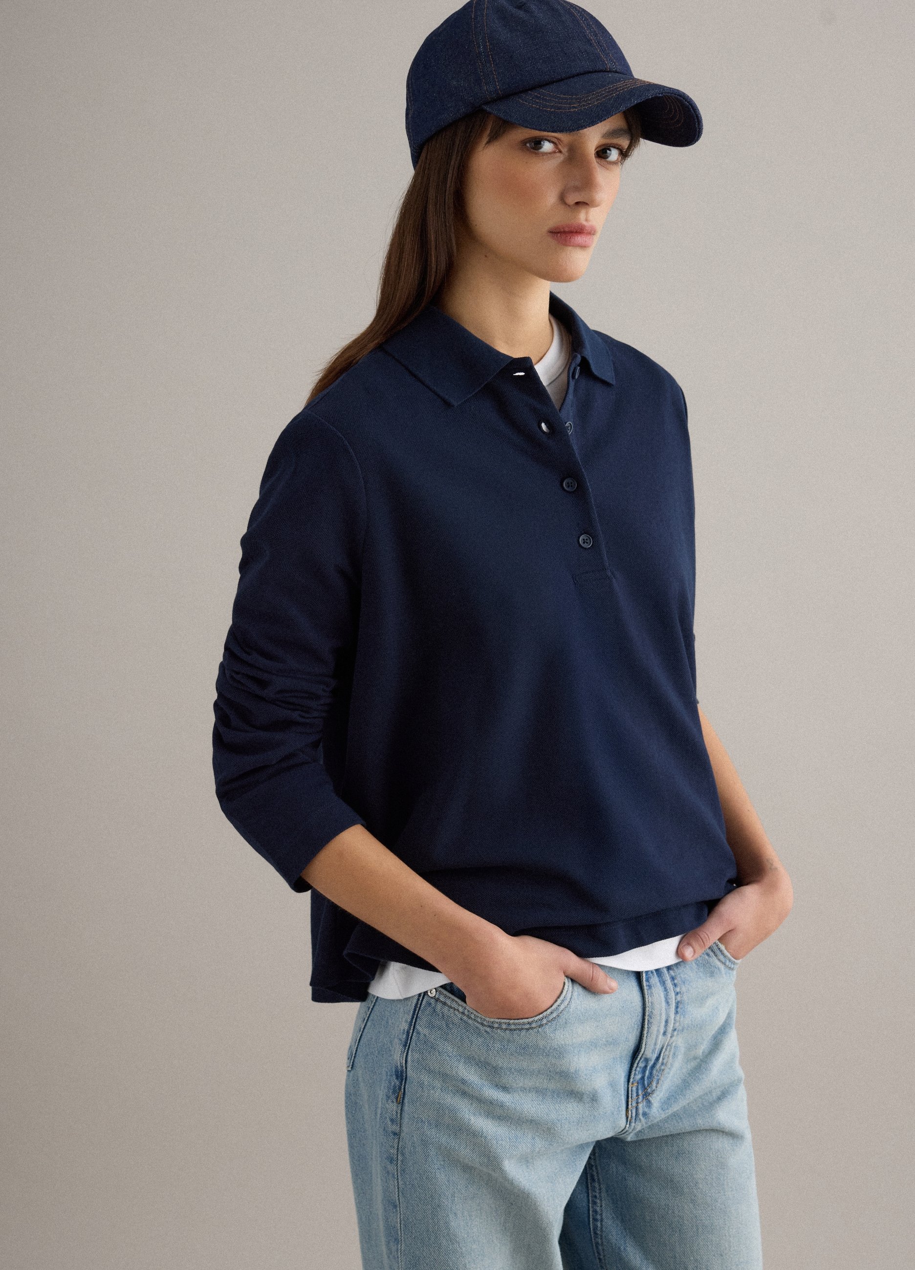 PIOMBO, Polo Azul De Manga Larga En Algodón Puro Ajuste Regular, Mujer, Azul marino, Talla: 34