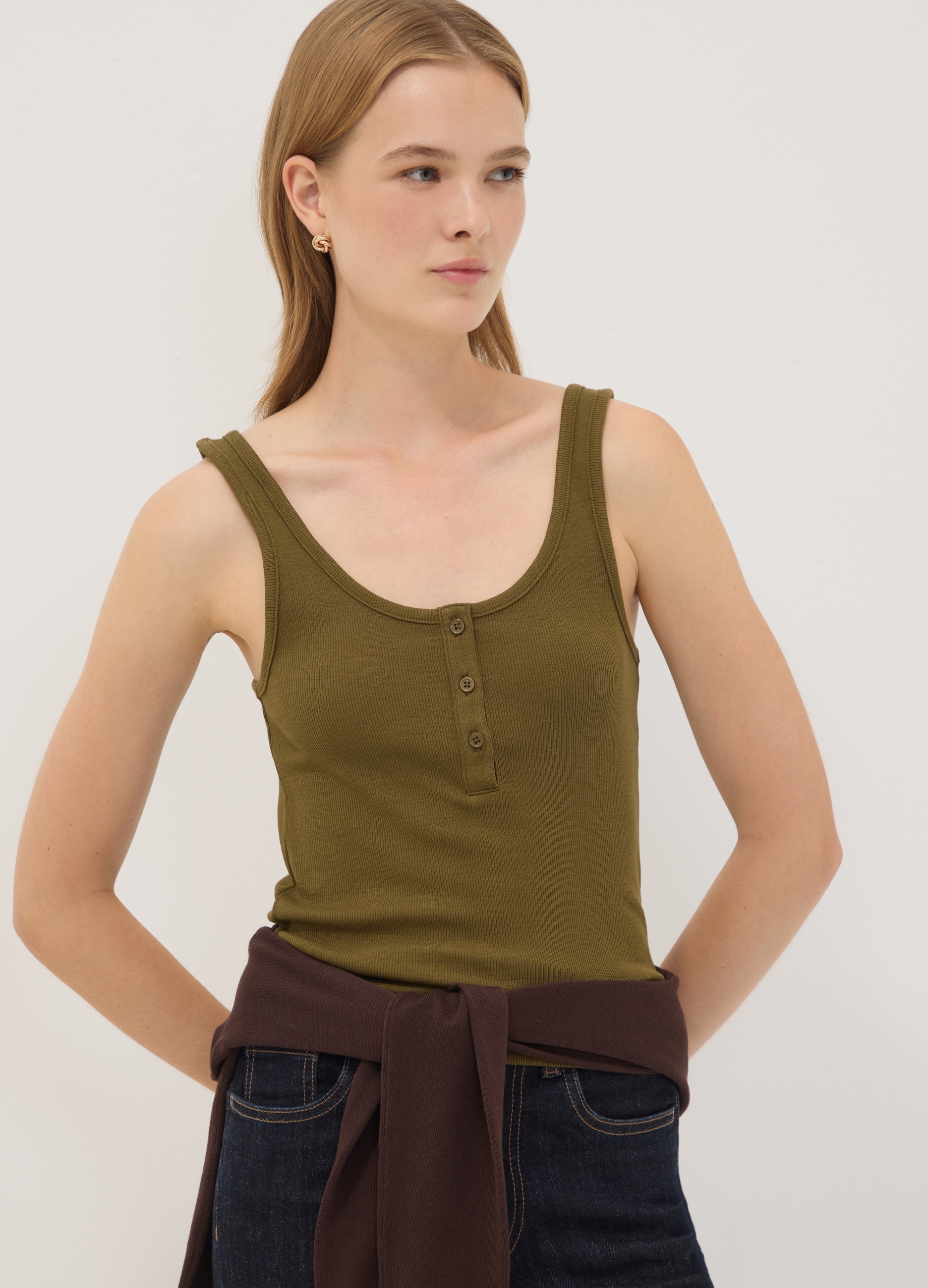 OVS, Tank Top Verde In Cotone Elasticizzato Con Bottoni Regular Fit, Donna, Verde, Taglia: XXL
