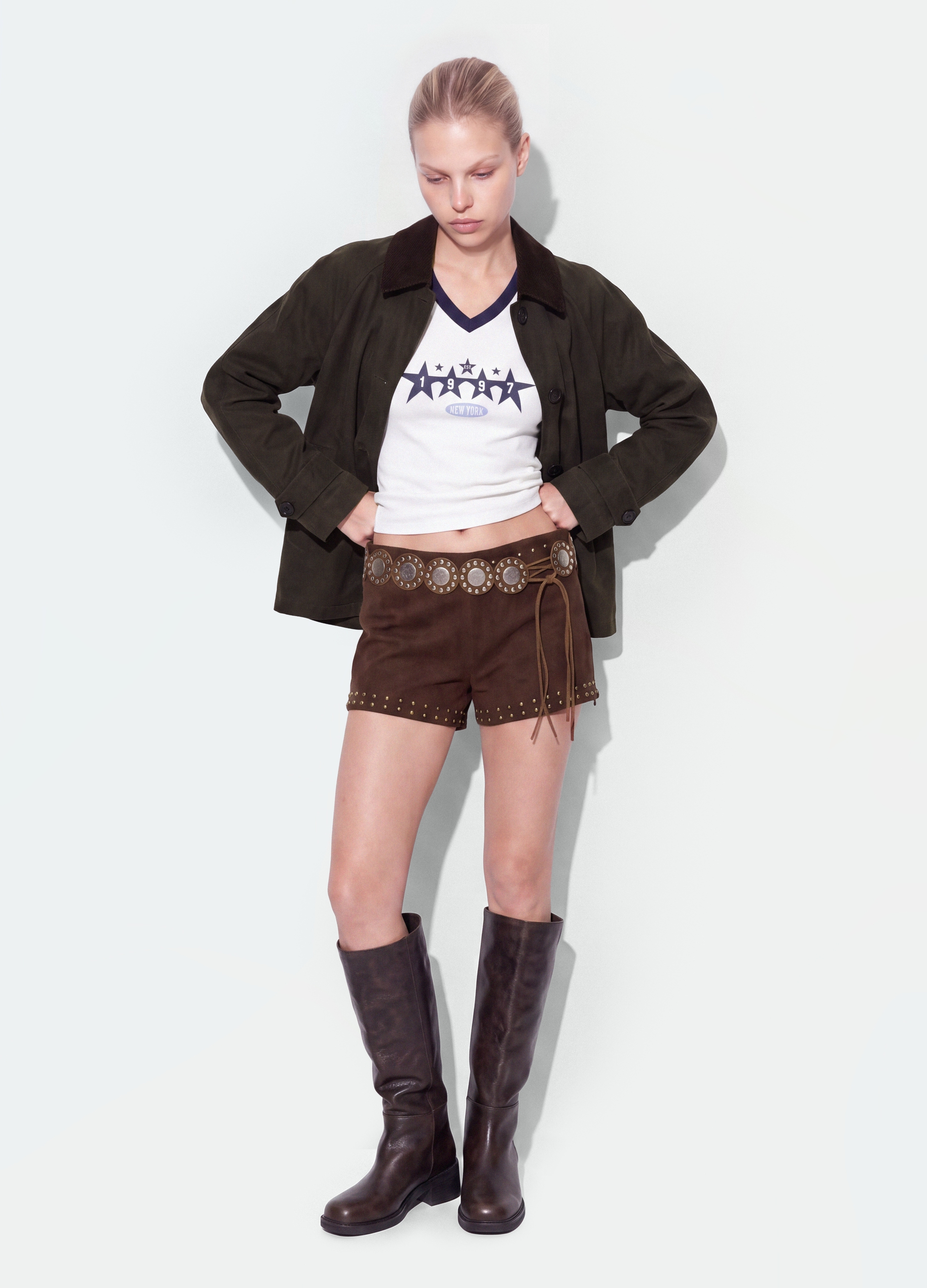 B.ANGEL, Mini Shorts Marroni In Tessuto Elasticizzato Con Borchie, Donna, Marrone, Taglia: M
