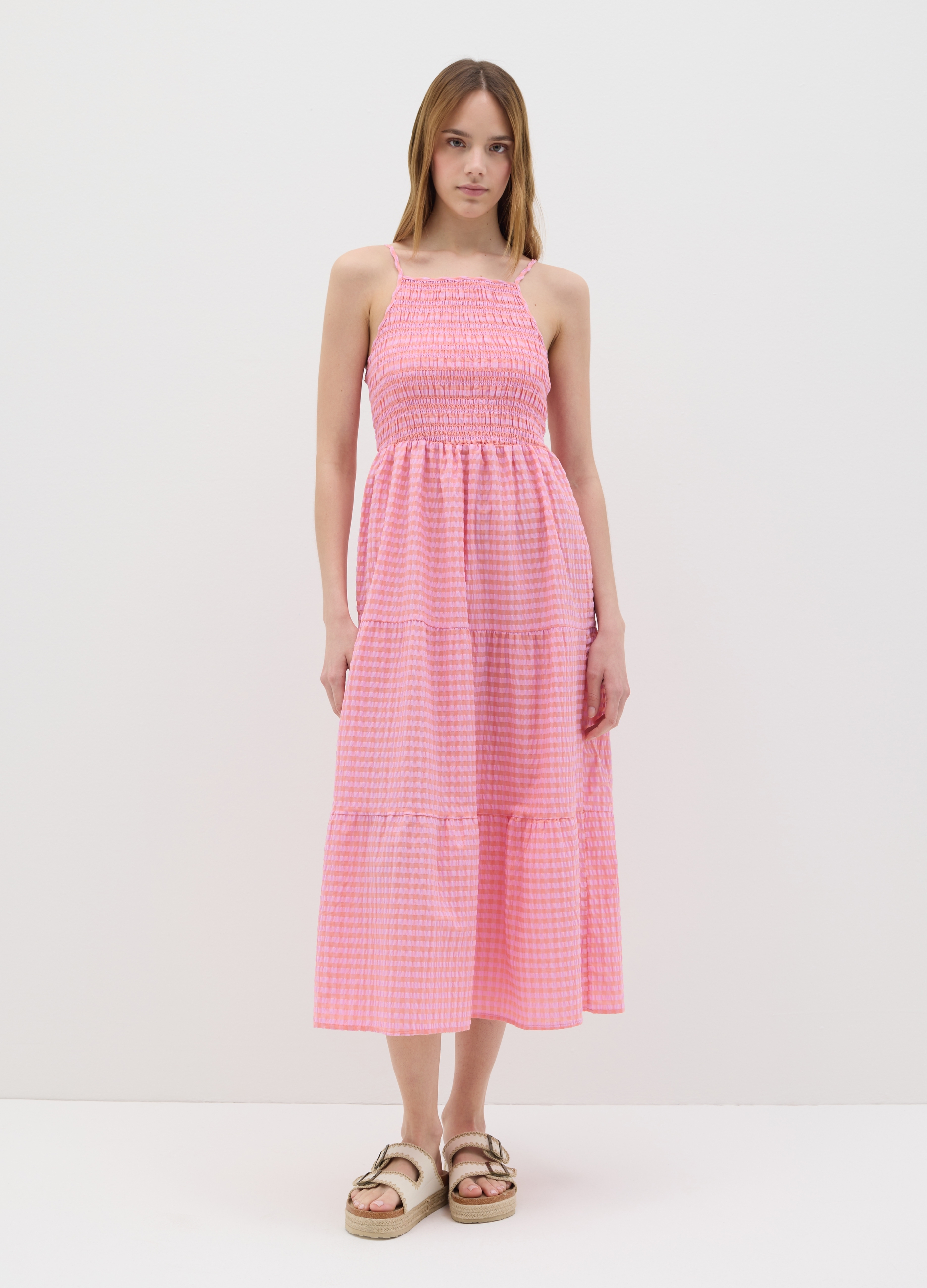 OVS, Abito Lungo Da Donna In Misto Cotone Rosa A Quadri Wide Fit, Rosa, Taglia: S