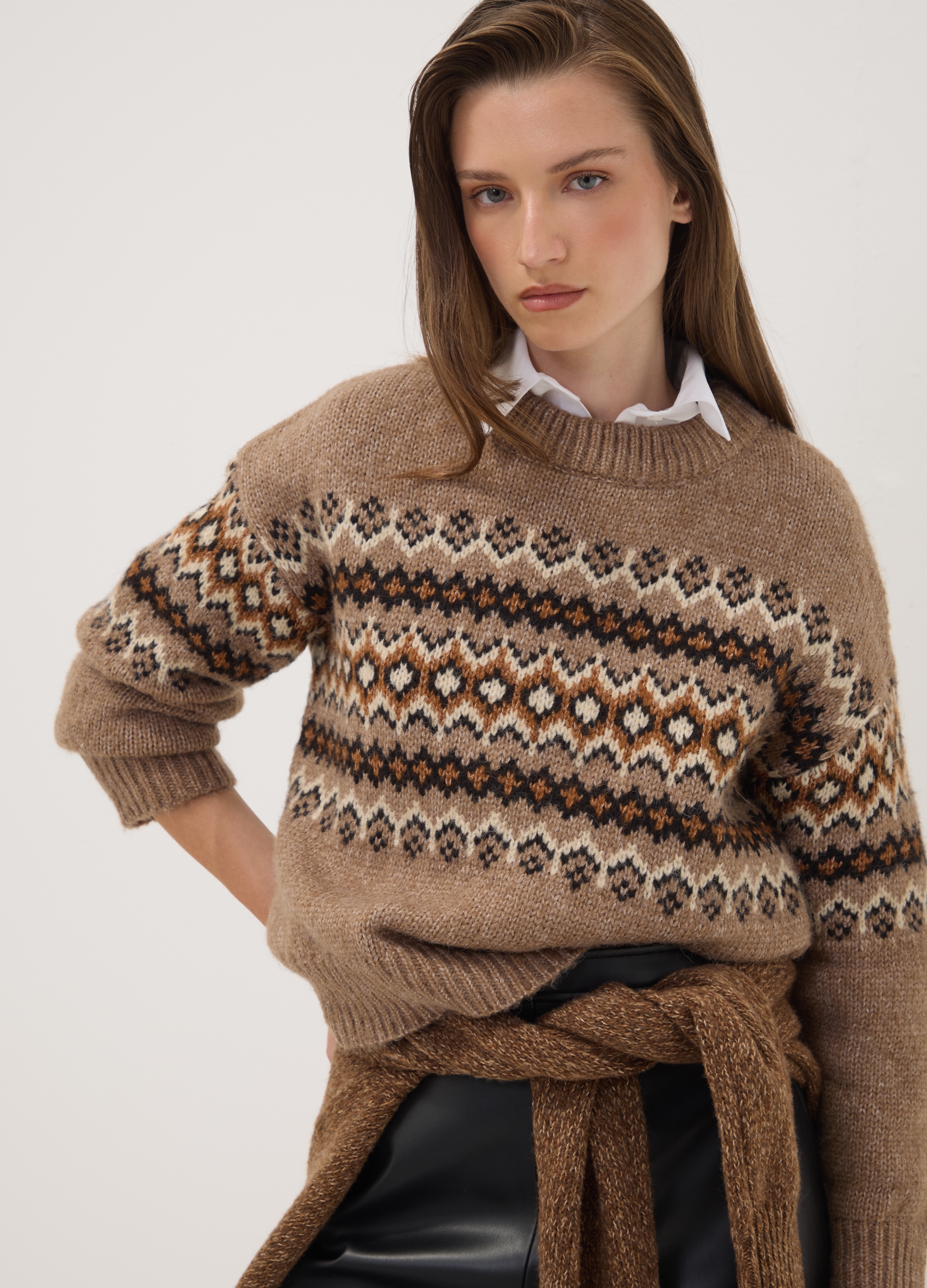 OVS, Jersey Marrón Jacquard Con Cuello Alto, Mujer, Marrón, Talla: 40