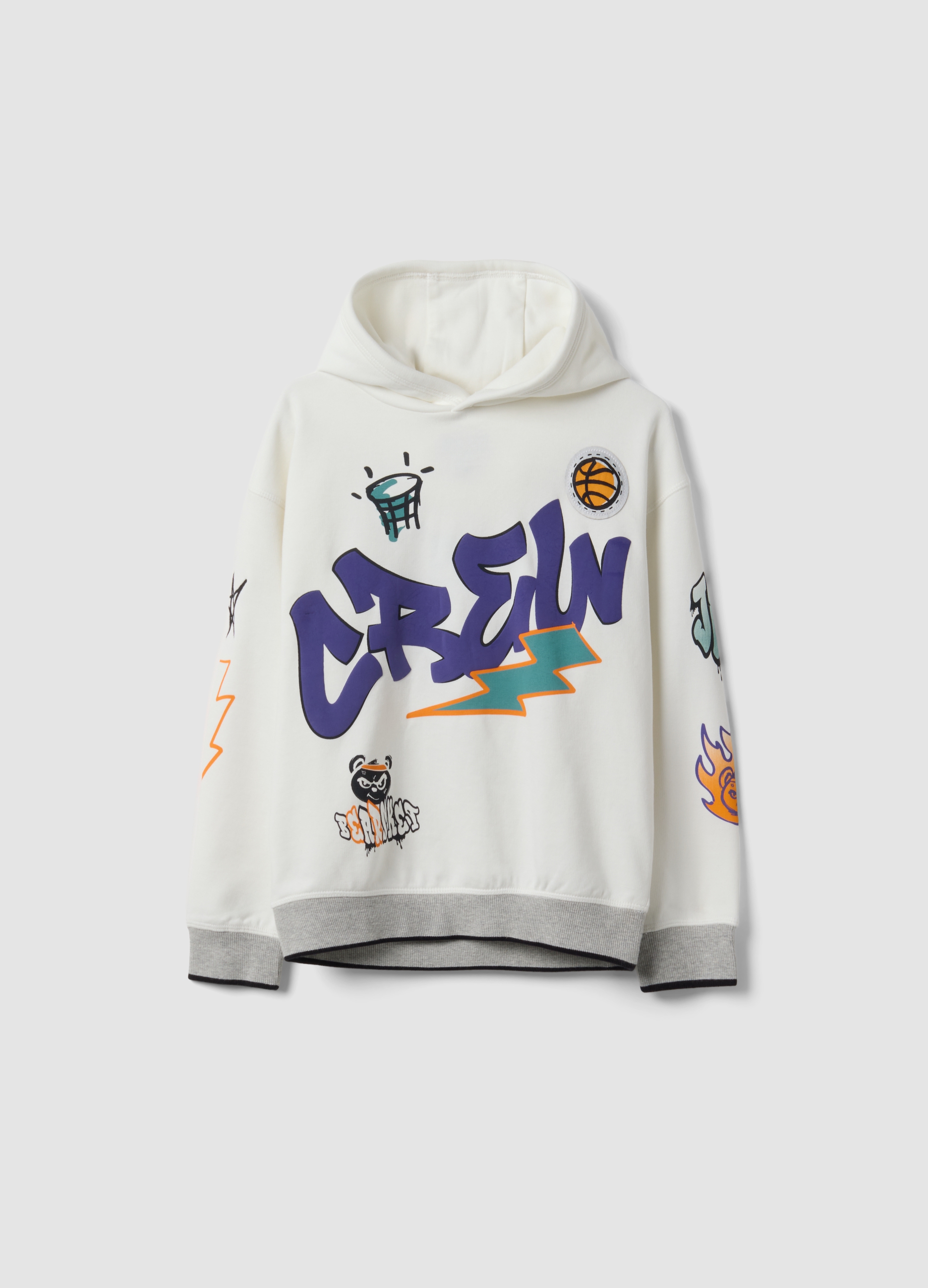 OVS KIDS, Felpa Bianca In Misto Cotone Con Cappuccio E Graffiti Over Fit Per Bambino, Bianco, Taglia: 7-8