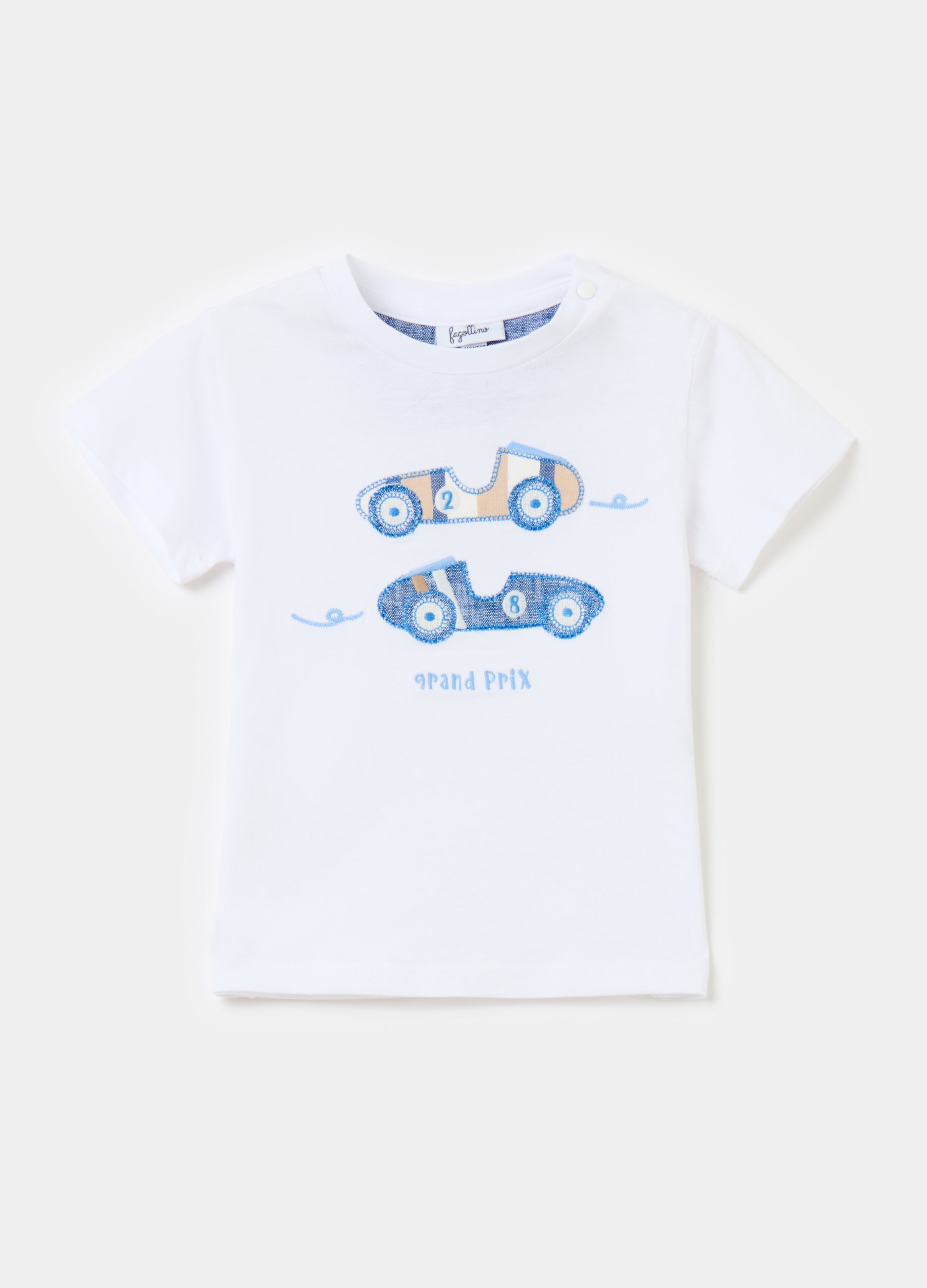 FAGOTTINO, T-shirt In Cotone Con Patch Auto Da Corsa, Bambino, Bianco, Taglia: 9-12