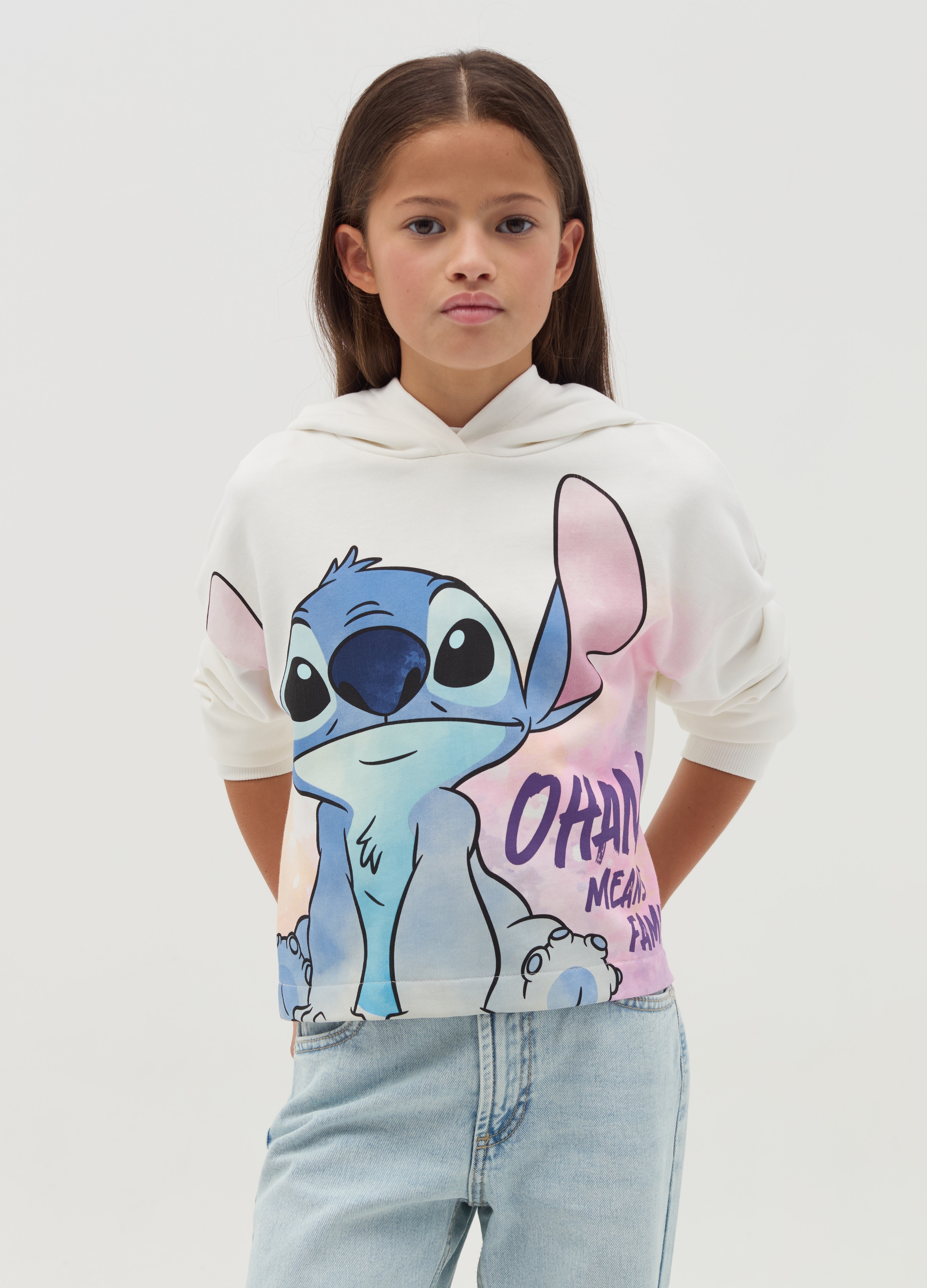 Sudadera Corta Con Estampado Stitch, Niña, Blanco crema, Talla: 14-15