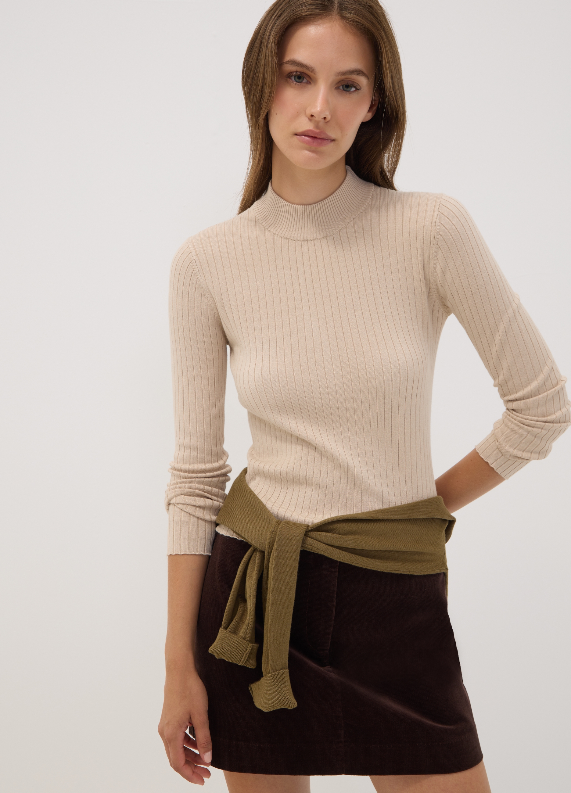 OVS, Maglia Beige In Misto Viscosa A Coste Con Collo Rialzato, Donna, Beige, Taglia: XL