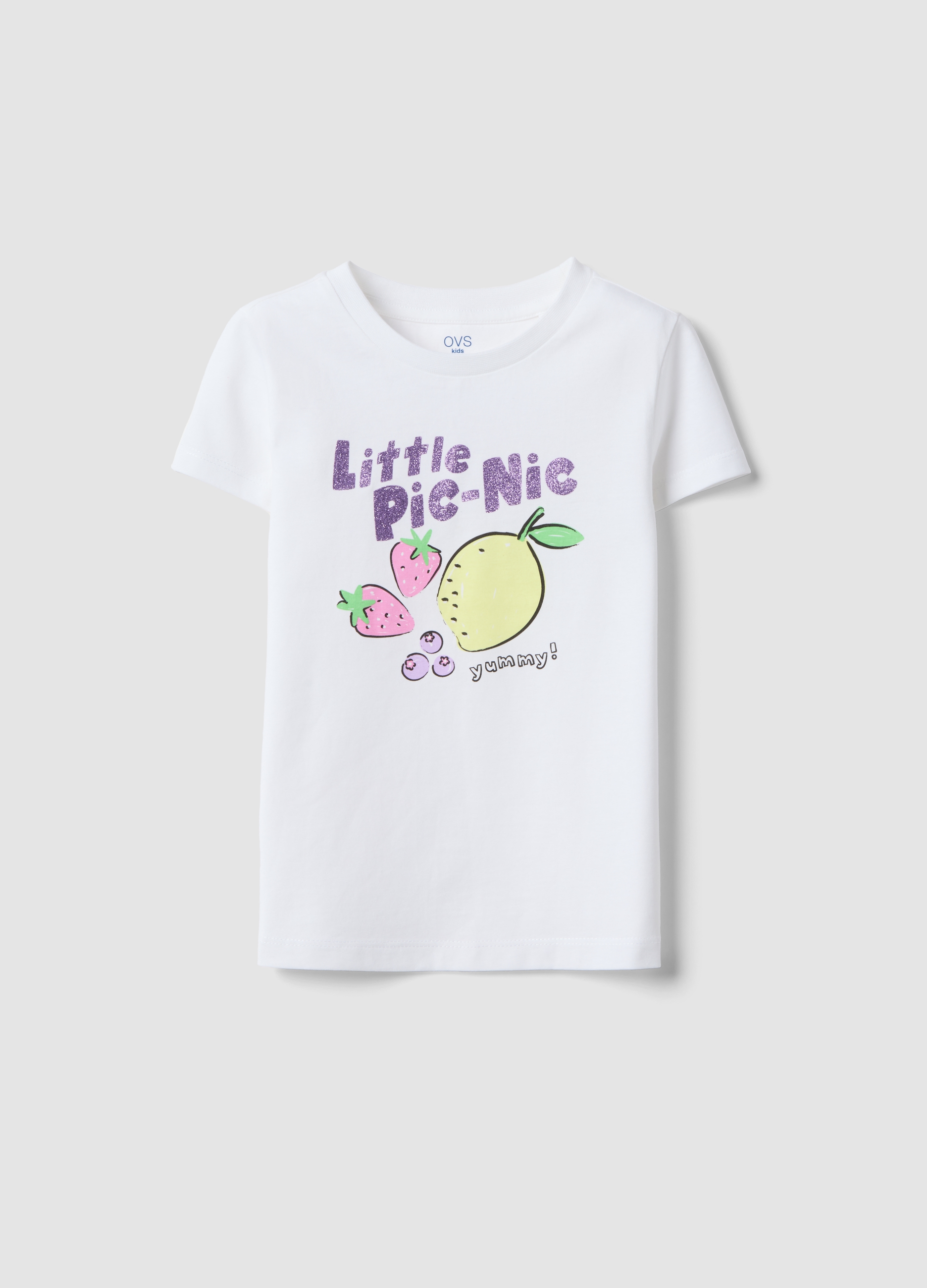 OVS KIDS, Camiseta Blanca De Algodón Puro Para Niñas Con Estampado De Frutas, Ajuste Regular, Niña, Blanco, Talla: 5-6