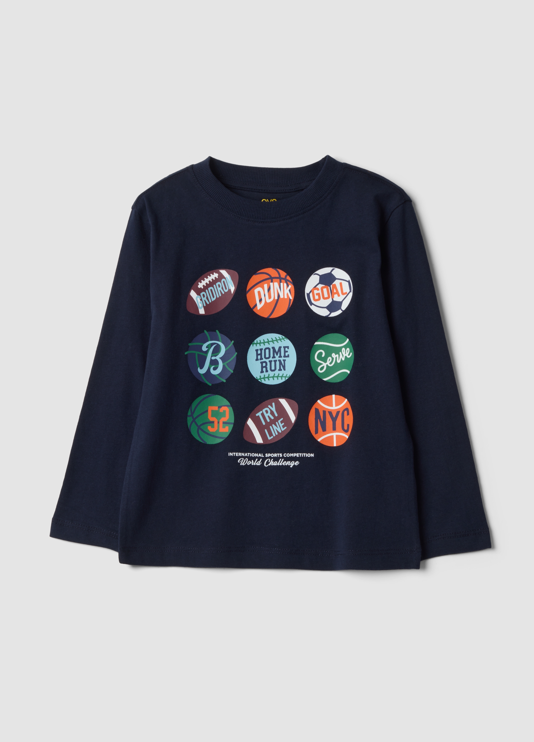 OVS KIDS, T-shirt Blu In Puro Cotone Organico Con Stampa College, Bambino, Blu, Taglia: 3-4