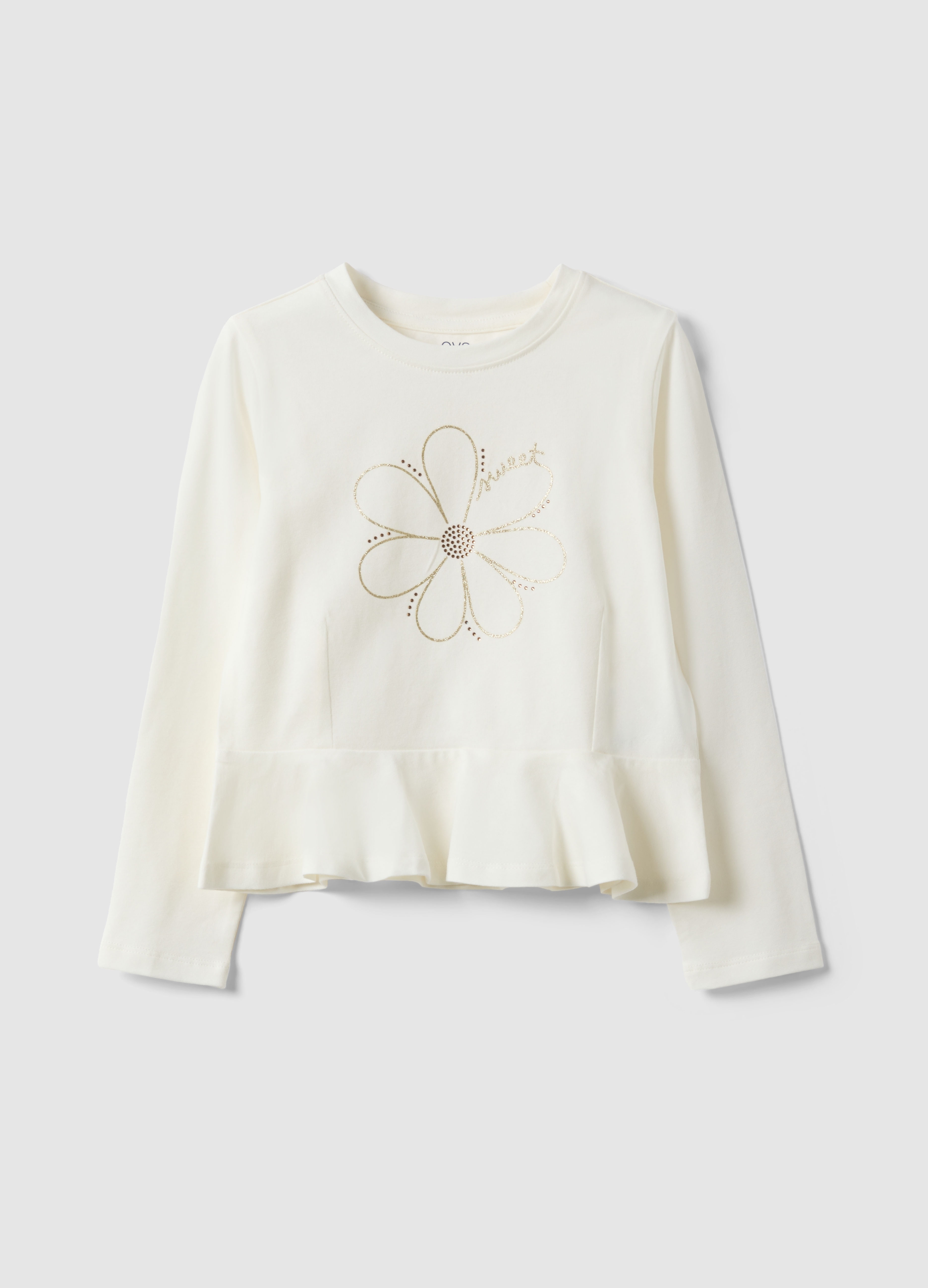 OVS KIDS, Camiseta Blanca De Algodón Elástico Para Niña Corte Regular Con Flor, Niña, Blanco óptico, Talla: 6-7