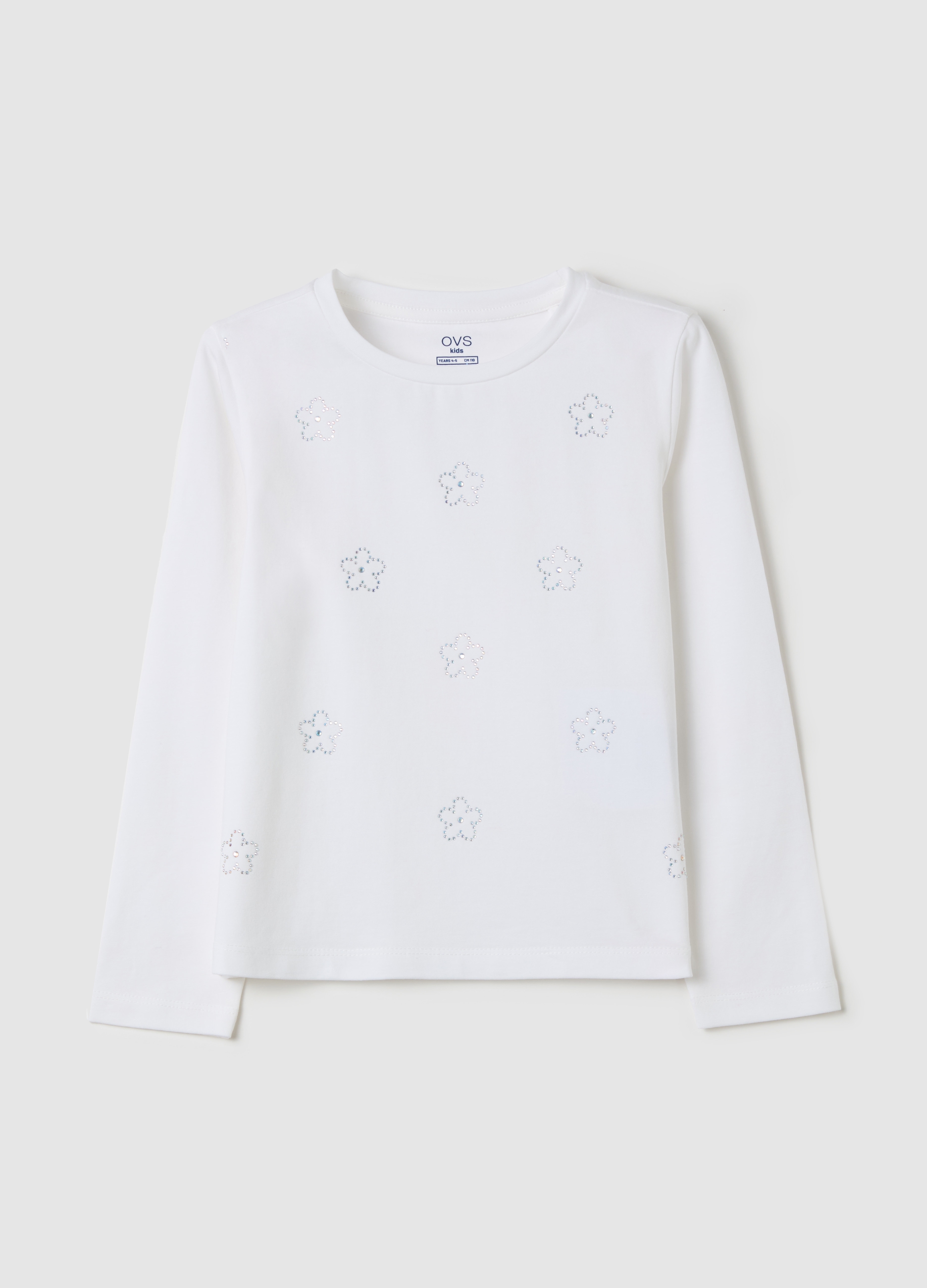 OVS, T-shirt Maniche Lunghe Con Fiori Di Strass, Bambina, Bianco, Taglia: 3-4