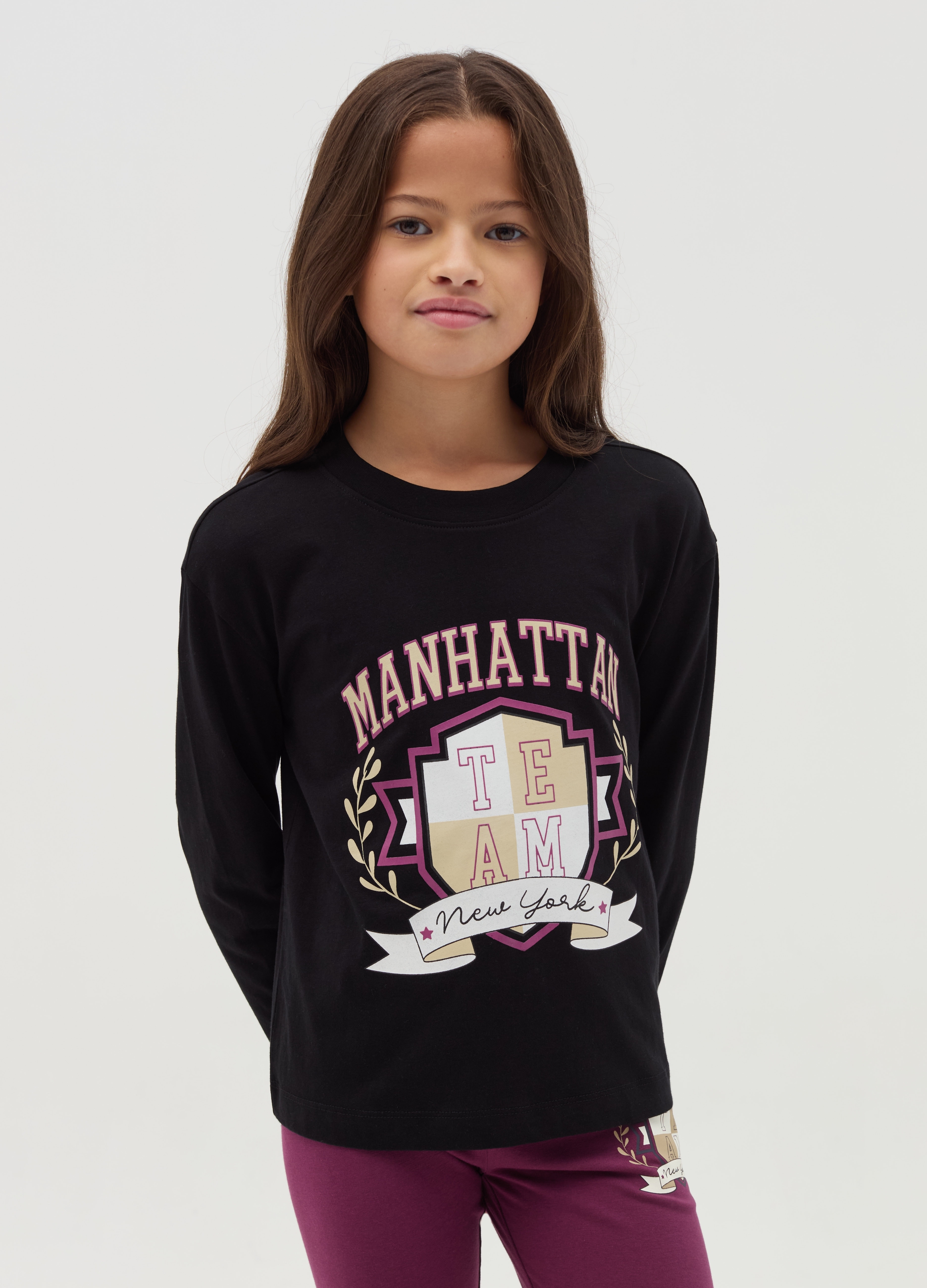 OVS KIDS, T-shirt A Maniche Lunghe Con Stampa, Bambina, Nero, Taglia: 14-15