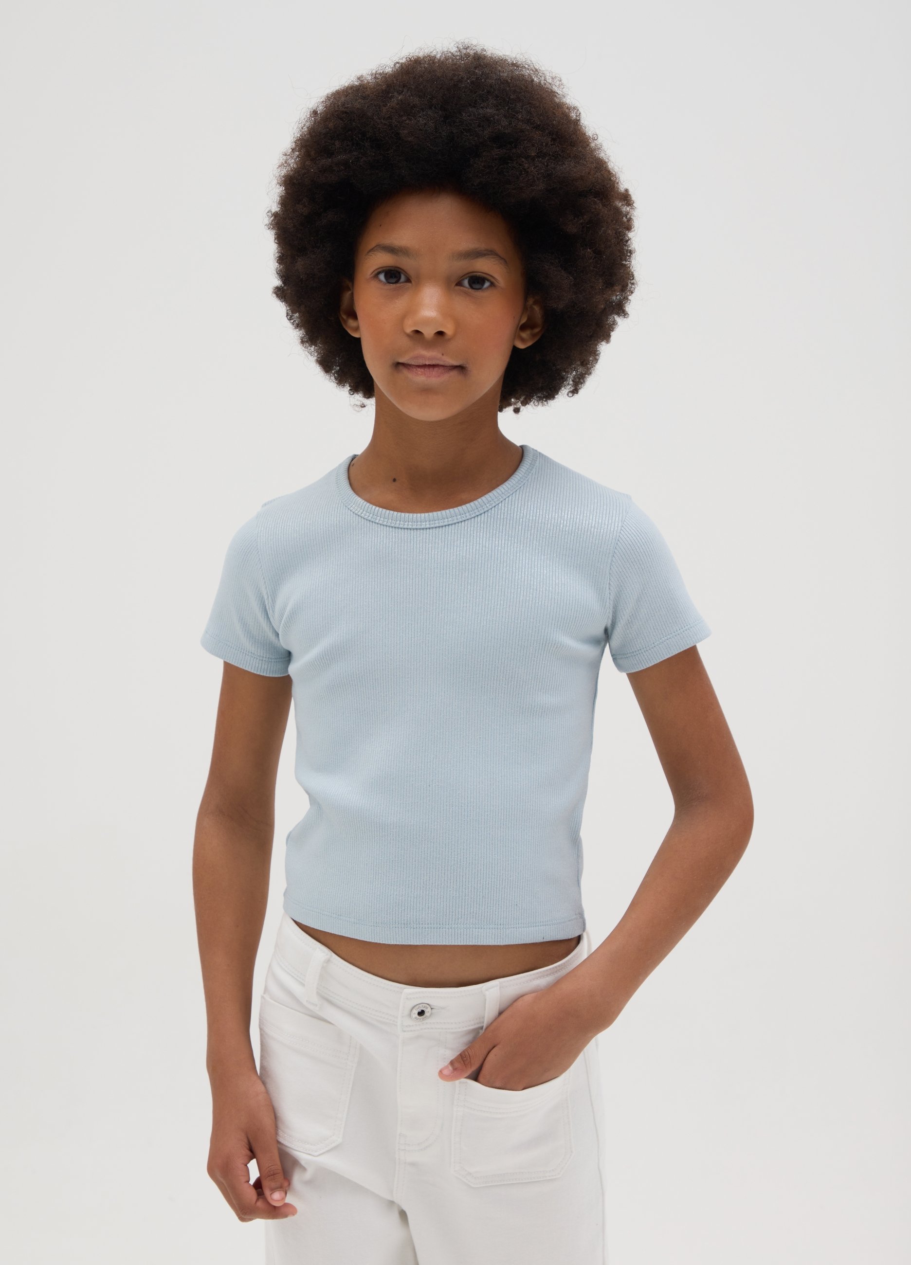 OVS, T-shirt Da Ragazza In Cotone Elasticizzato Azzurro Fitted, Bambina, Azzurro, Taglia: 11-12