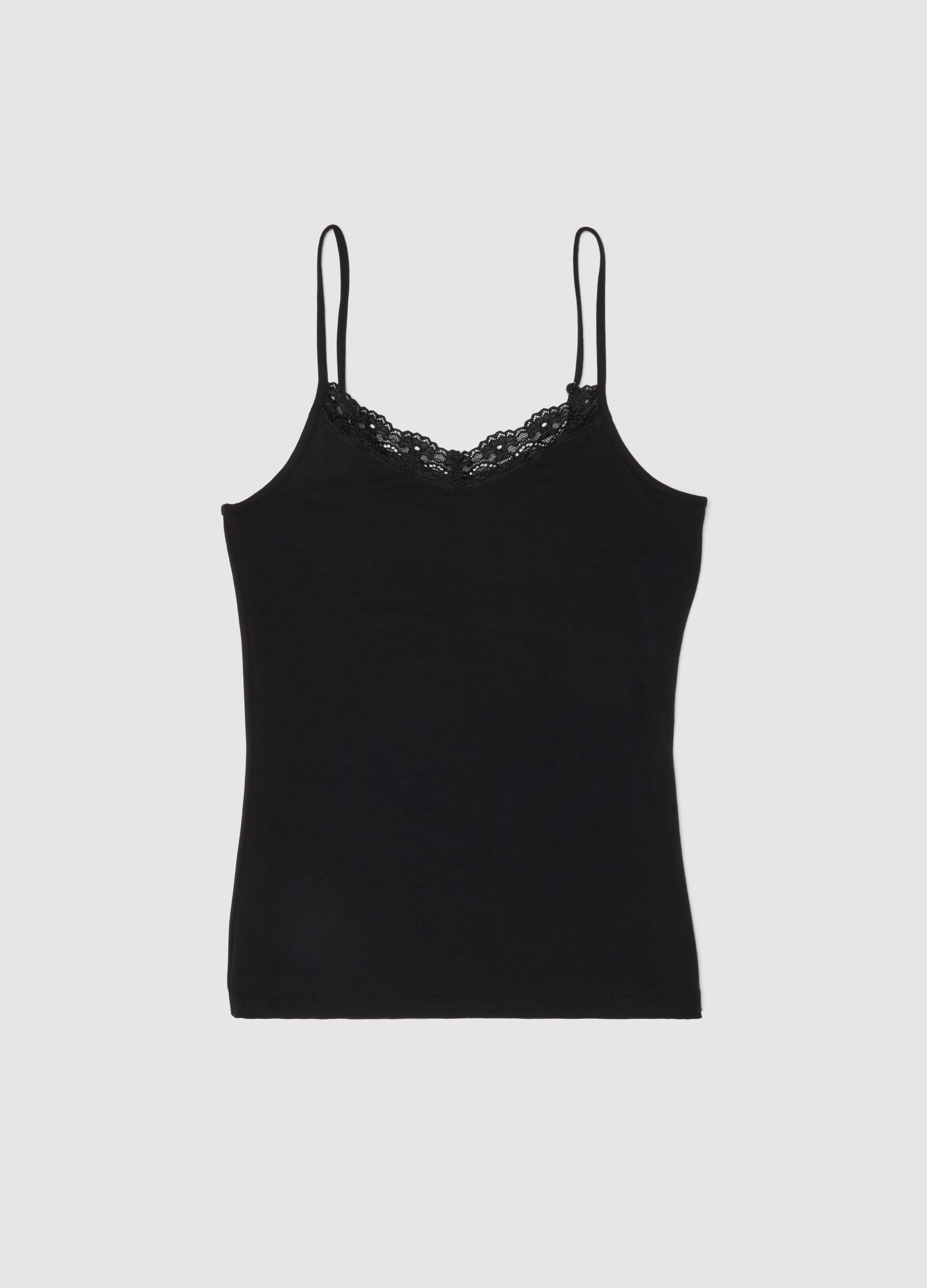 Canottiera In Viscosa Elasticizzata Nera Slim Fit Con Pizzo, Mujer, Gunmetal, Talla: M