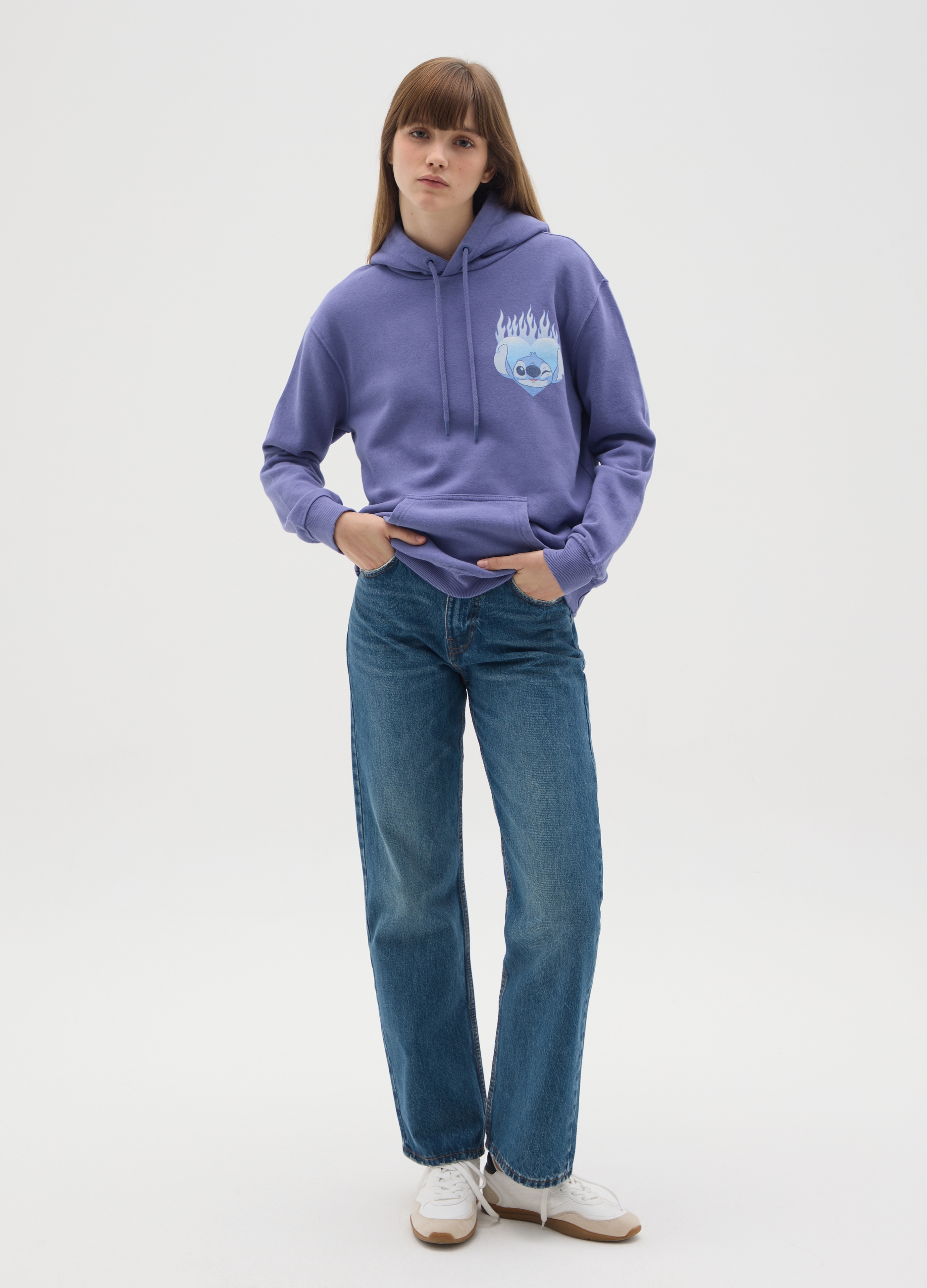 OVS, Felpa Viola Con Cappuccio In Misto Cotone Regular Fit Con Stampa, Donna, Viola, Taglia: S