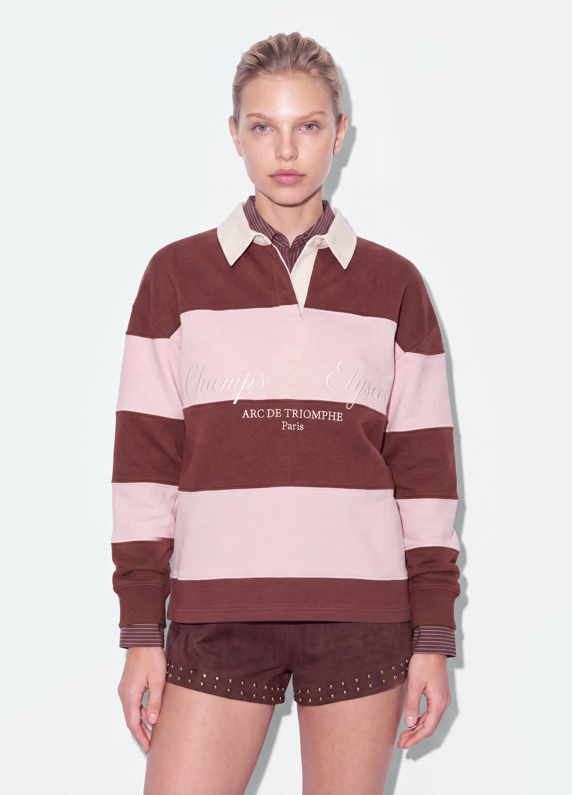 B.ANGEL, Felpa A Righe Marrone In Misto Cotone Con Colletto Relaxed Fit, Donna, Multicolor, Taglia: XS