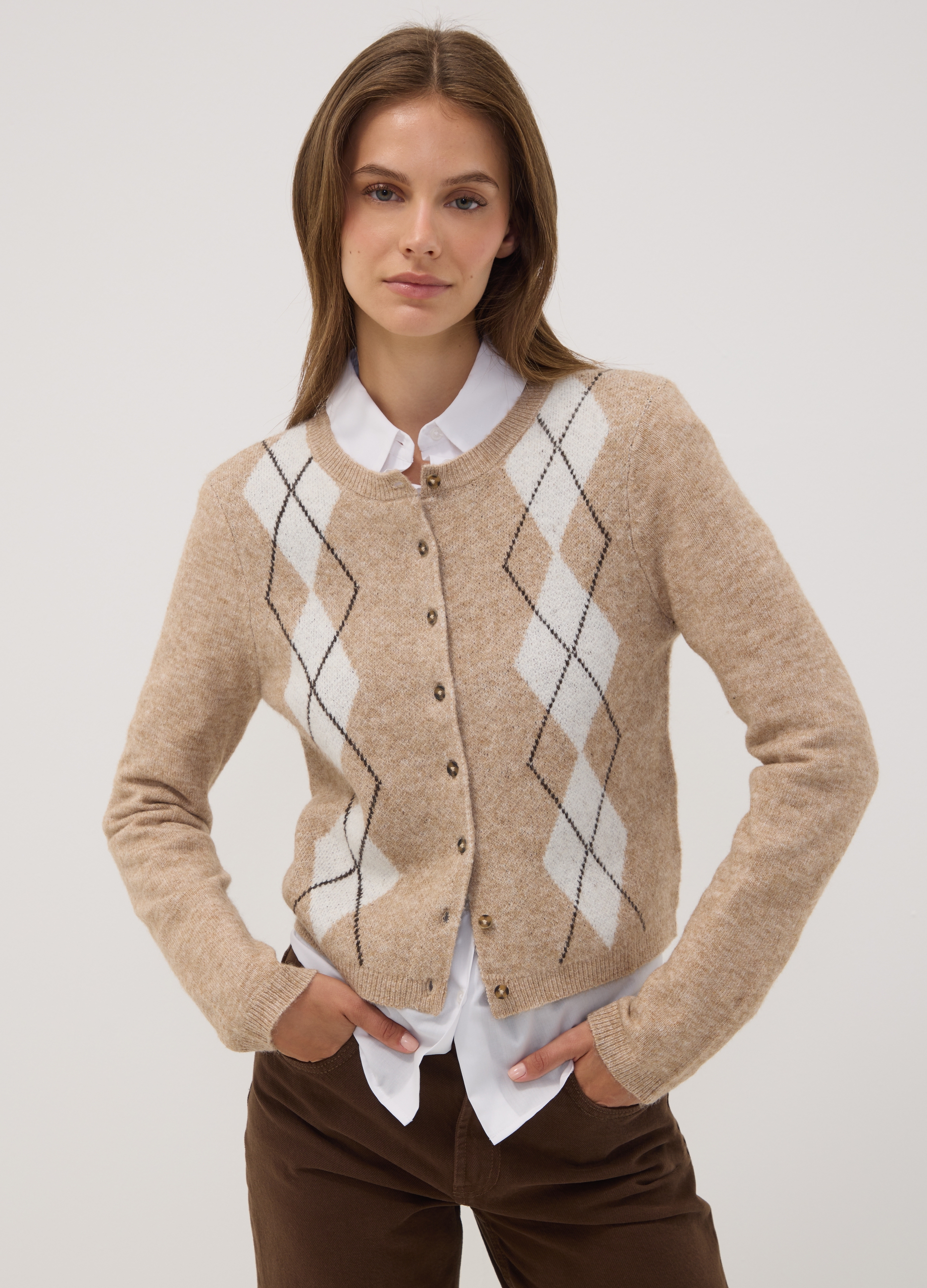 OVS, Cardigan Beige In Lana Elasticizzata Jacquard Girocollo Regular Fit, Donna, Beige, Taglia: L