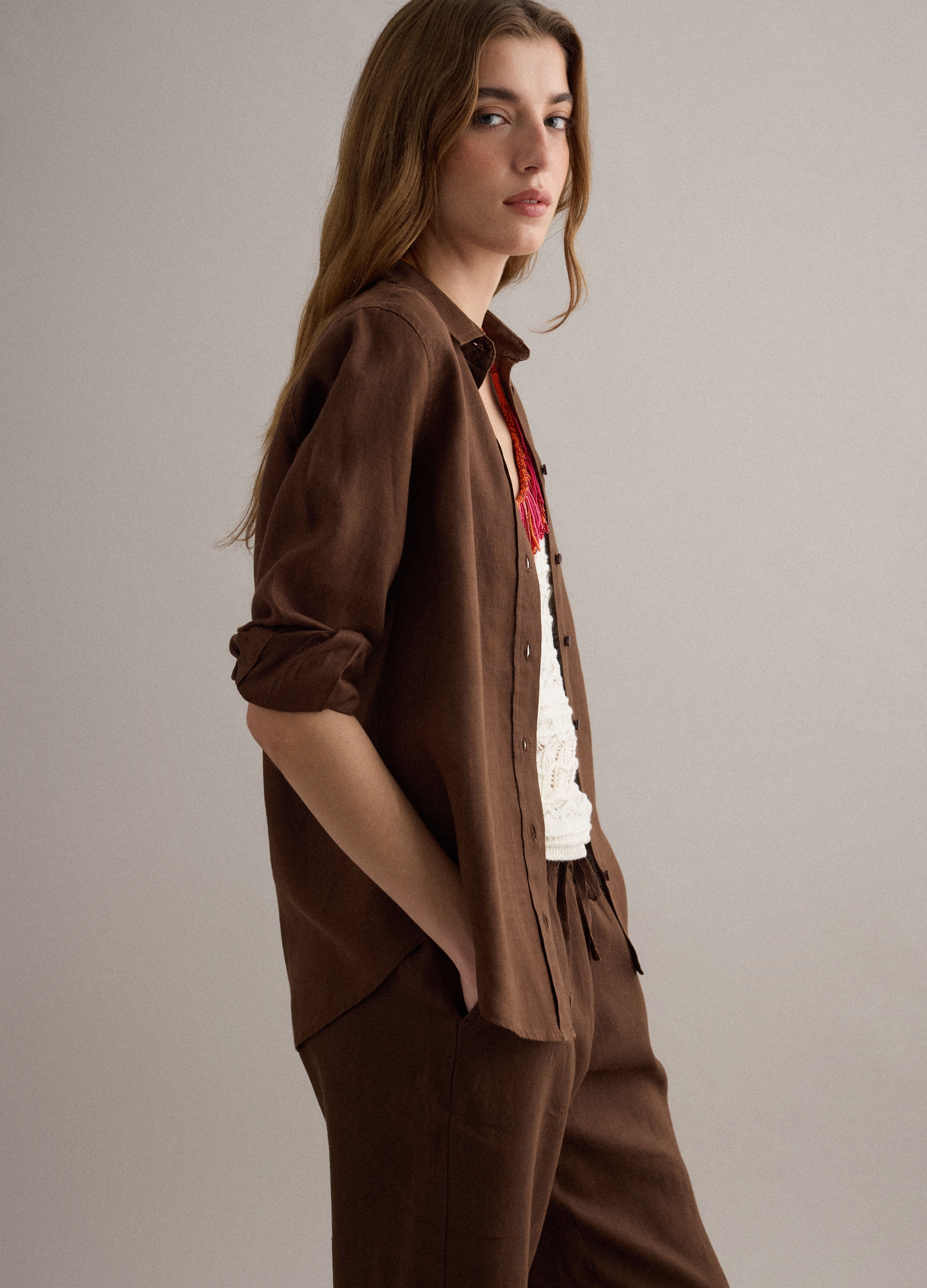 PIOMBO, Camisa Marrón De Lino Puro Regular Fit, Mujer, Marrón oscuro, Talla: 36