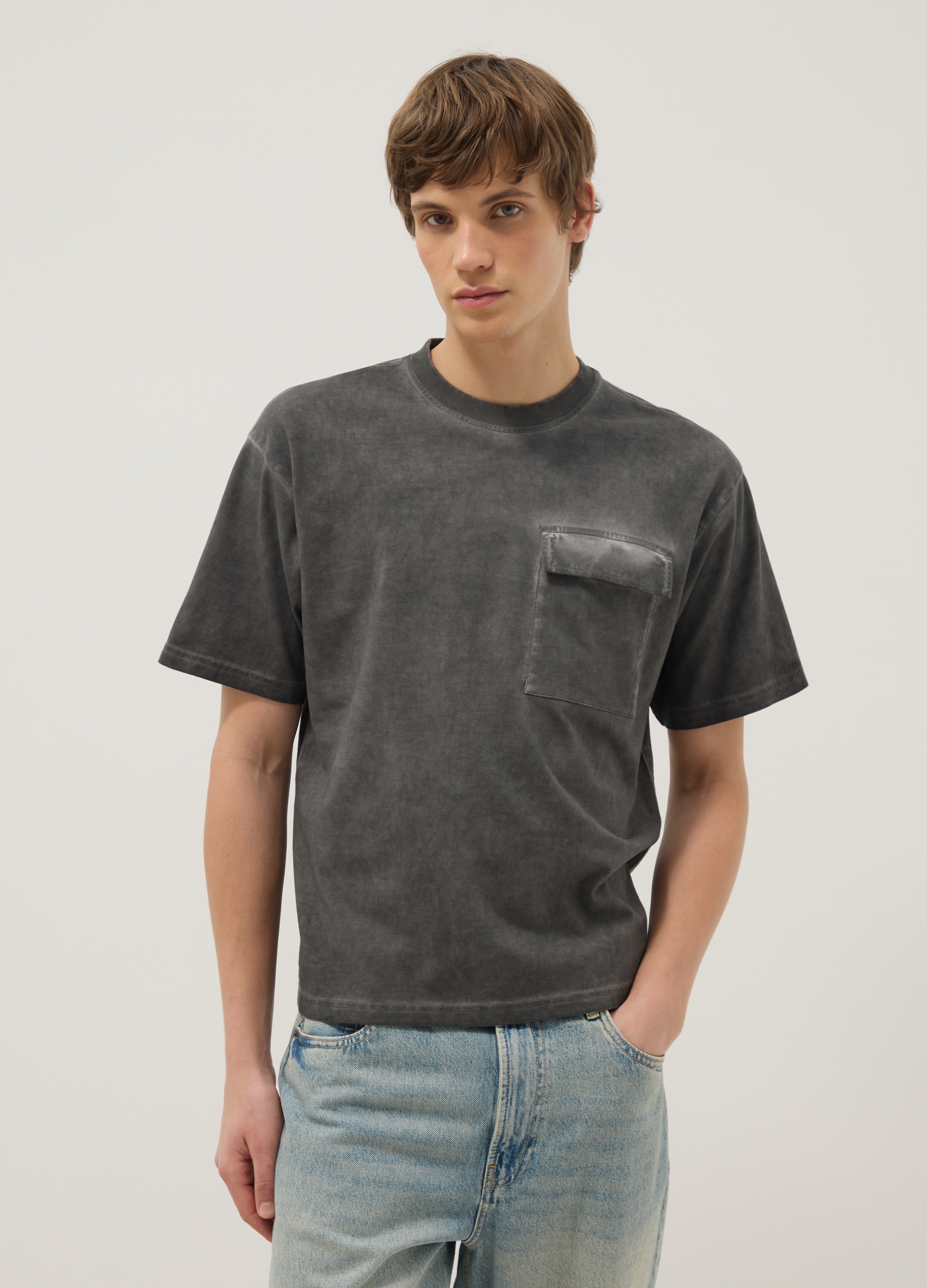 B.Angel, Graues T-shirt Aus Reiner Baumwolle Im Regular Fit Mit Tasche, Mann, Grigio, Größe, L