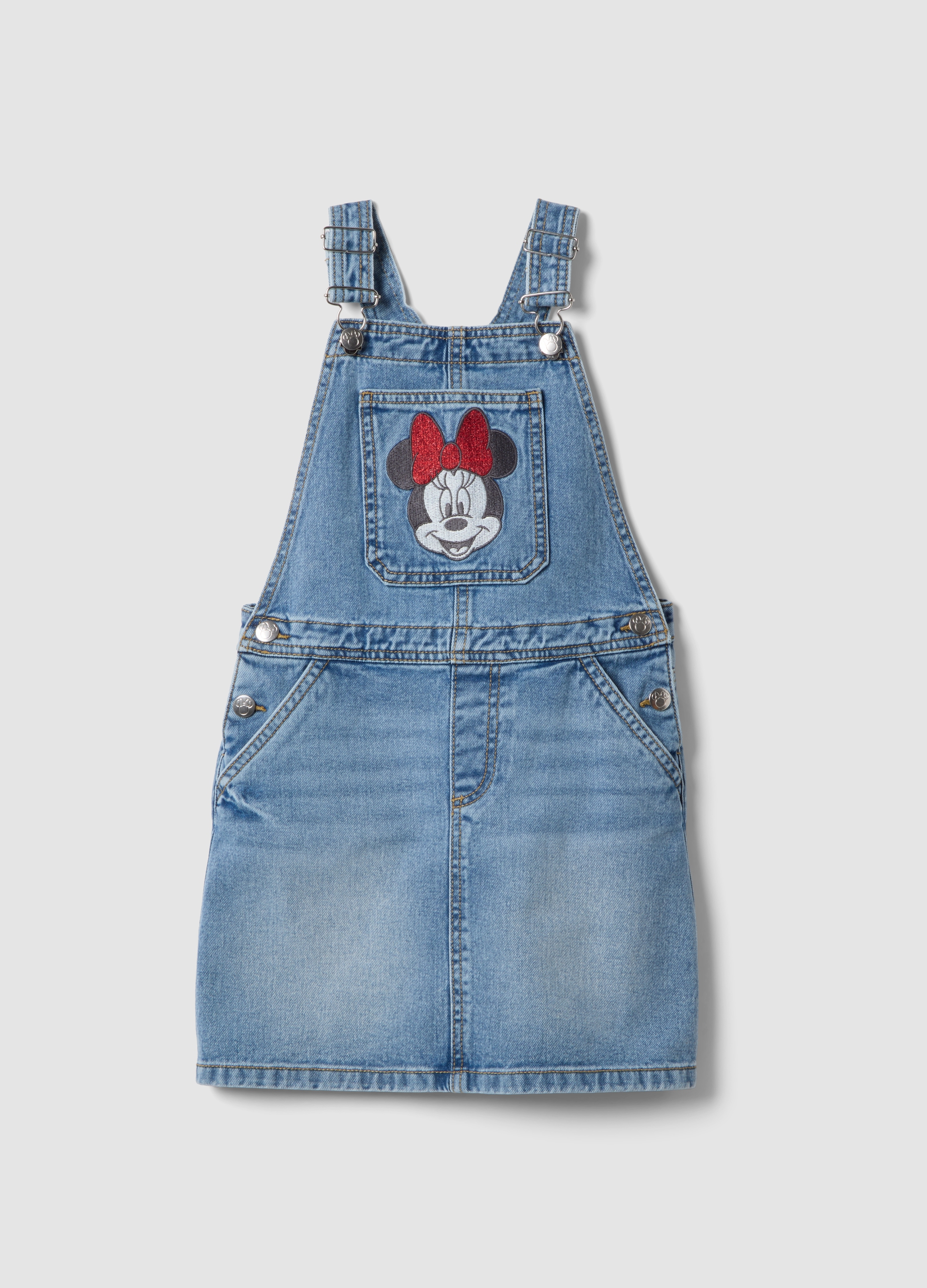 DISNEY, Salopette Denim Blu In Puro Cotone Da Bambina Con Ricamo Minnie, Denim, Taglia: 7-8