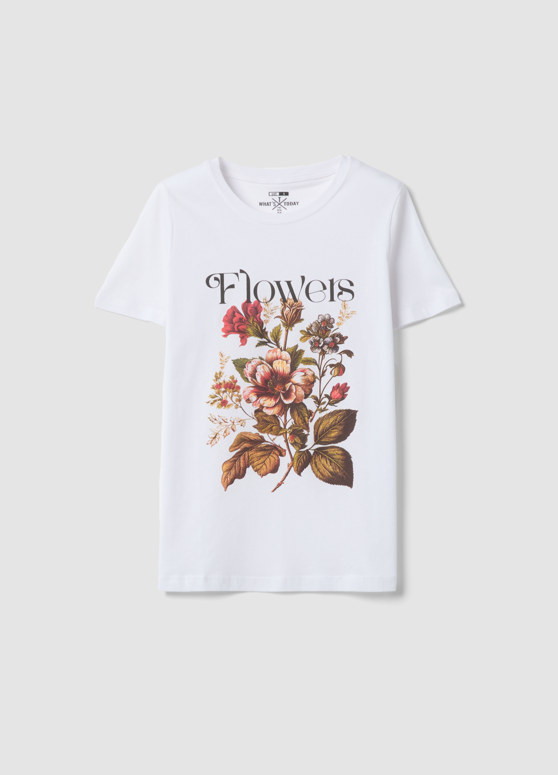 Camiseta Blanca De Puro Algodón Regular Fit Con Estampado Floral, Mujer, Blanco óptico, Talla: 38