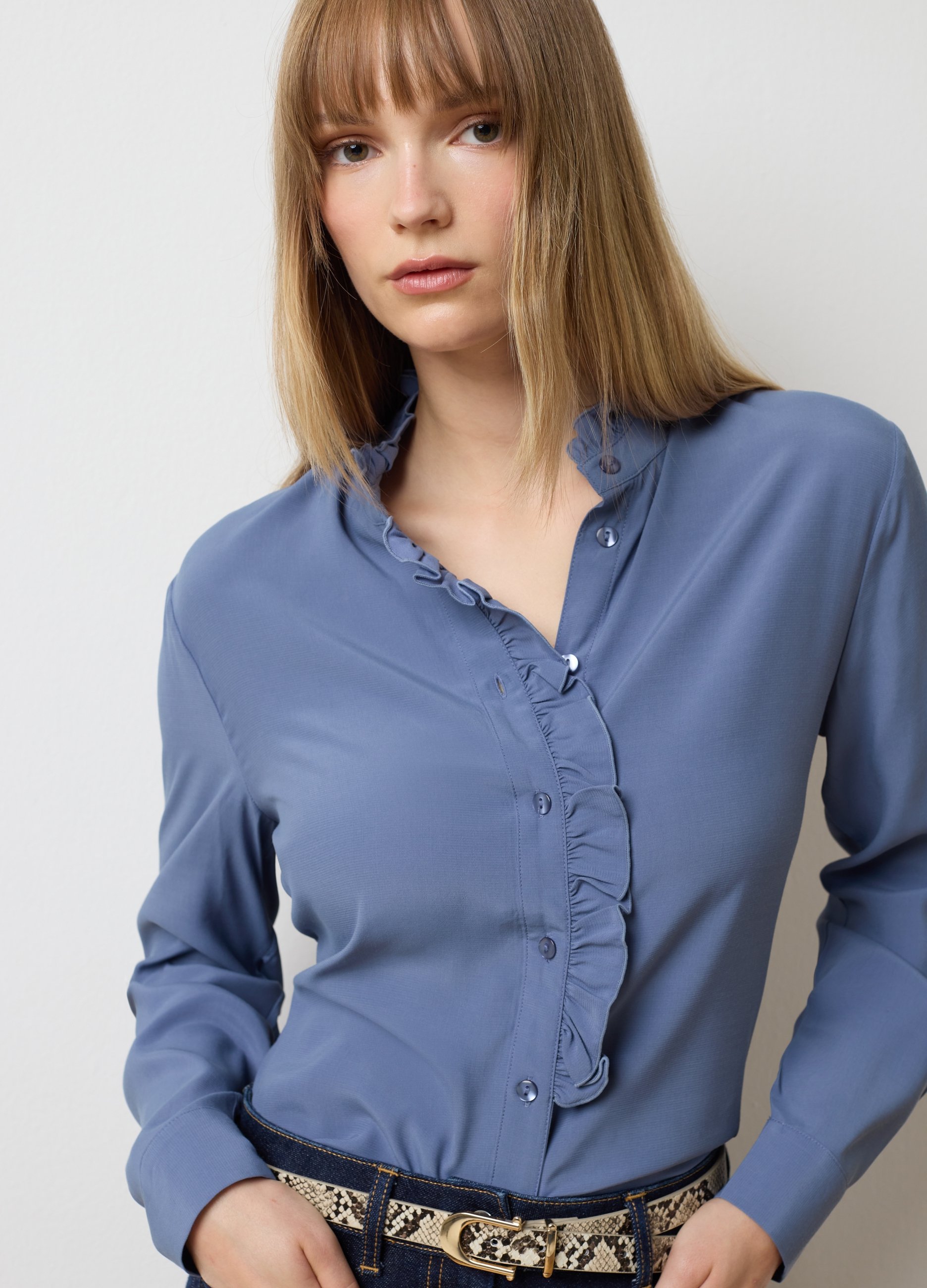OVS, Camisa Azul De Corte Regular Con Volantes, Mujer, Azul suave, Talla: 40