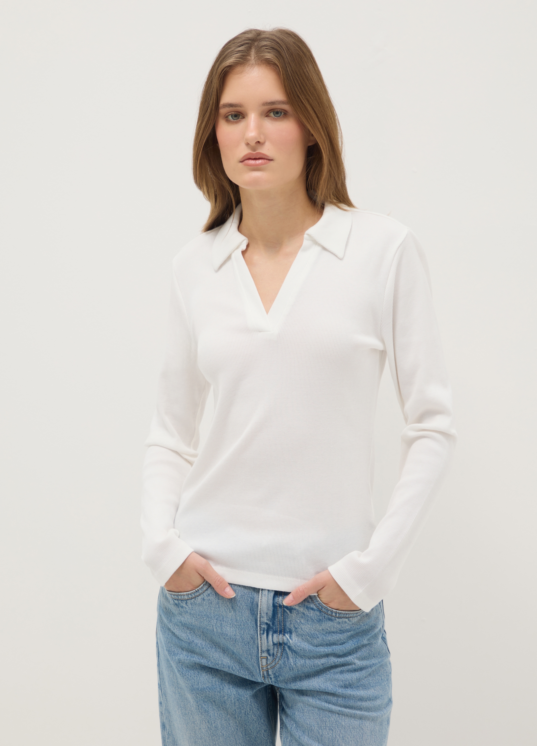 Polo Blanco De Manga Larga Con Cuello En V En Algodón Puro De Ajuste Regular, Mujer, Blanco óptico, Talla: XXL