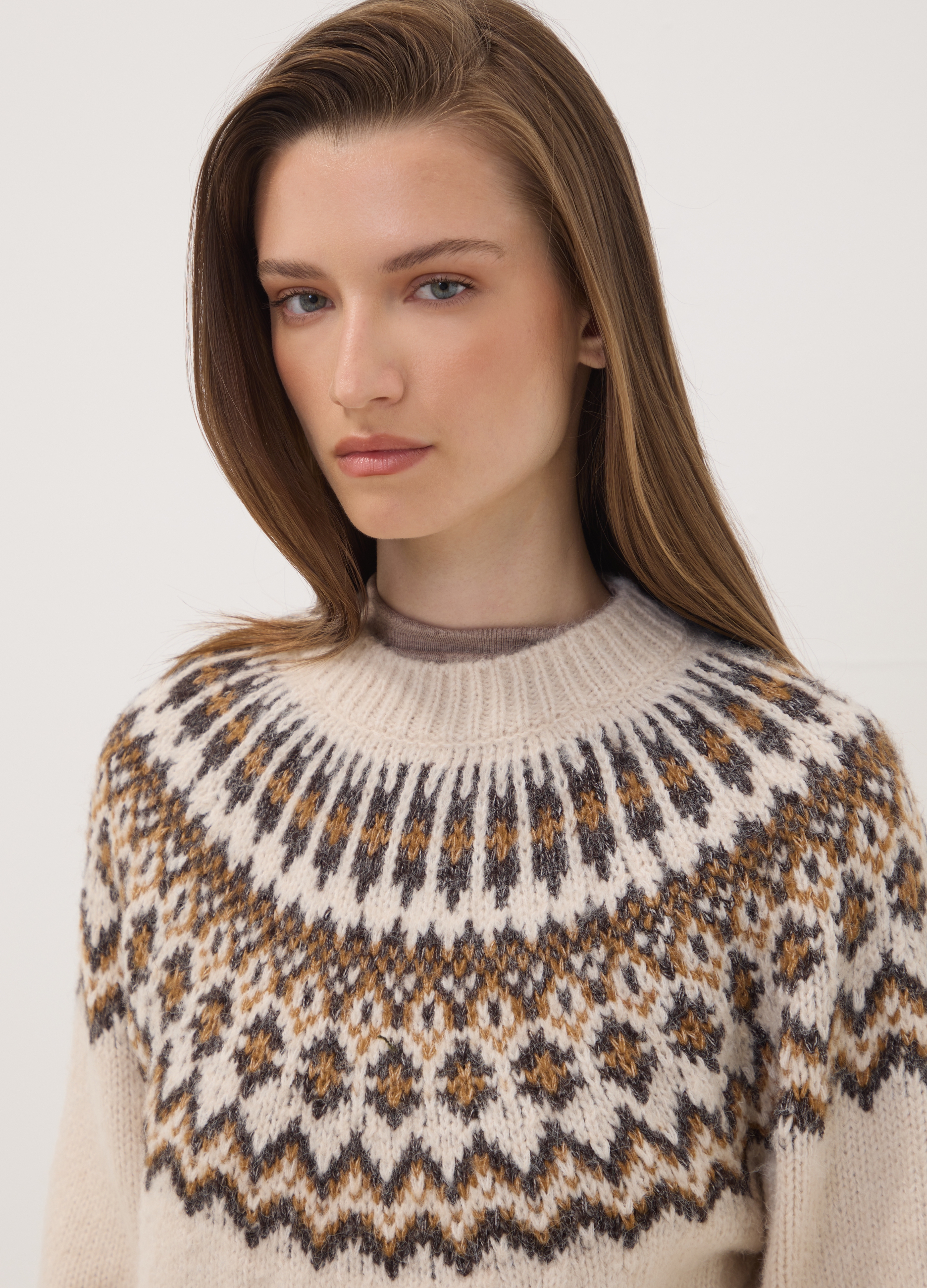 OVS, Maglione Beige Jacquard Con Collo Rialzato, Donna, Beige, Taglia: XS
