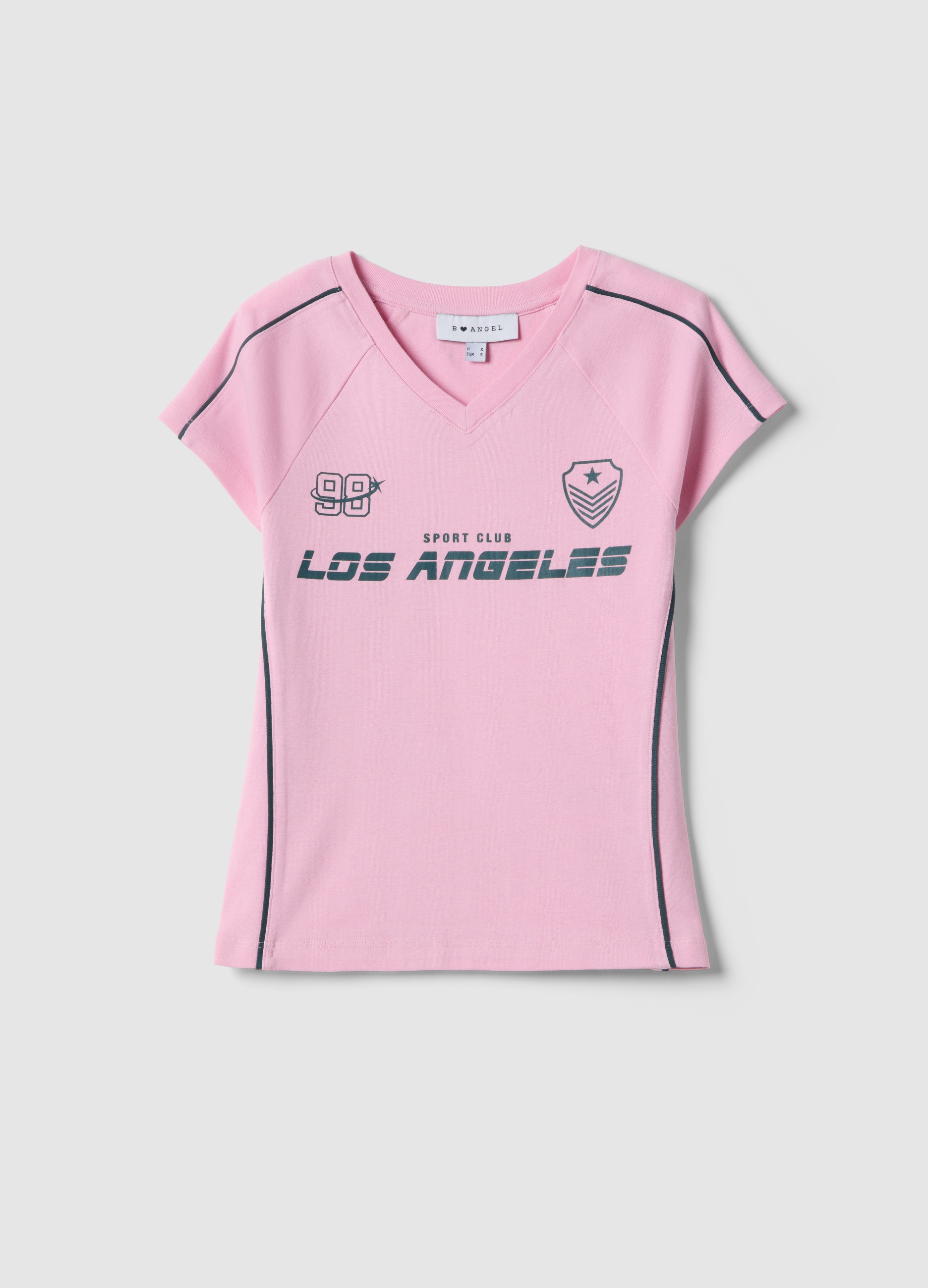 B.ANGEL, Camiseta Rosa En Puro Algodón Ajuste Slim Con Cuello En V Y Estampado, Mujer, Rosa Claro, Talla: 38