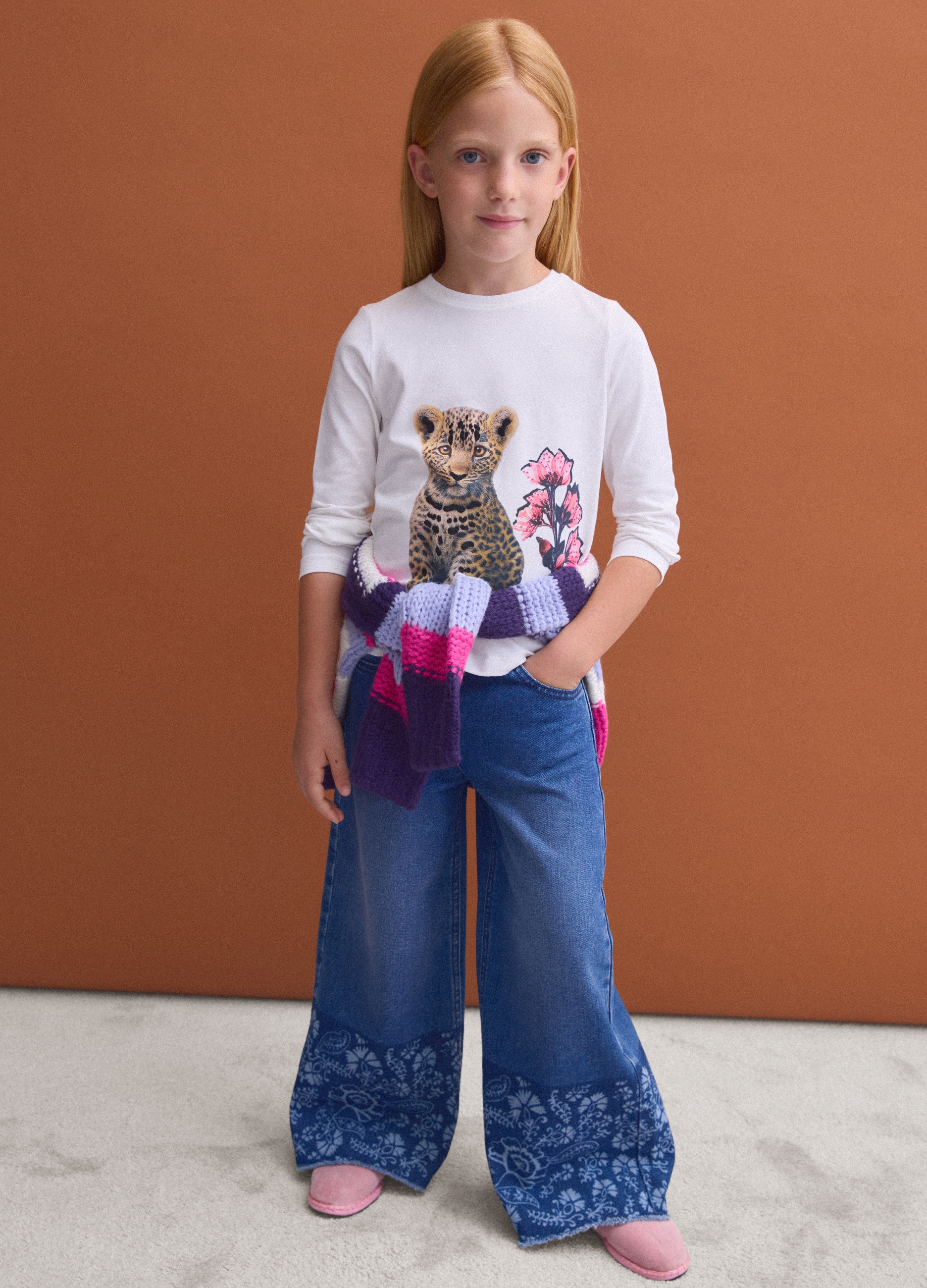 PIOMBO KIDS, Jeans Blu Wide Leg In Puro Cotone Con Stampa Floreale Per Bambina, Blu, Taglia: 6
