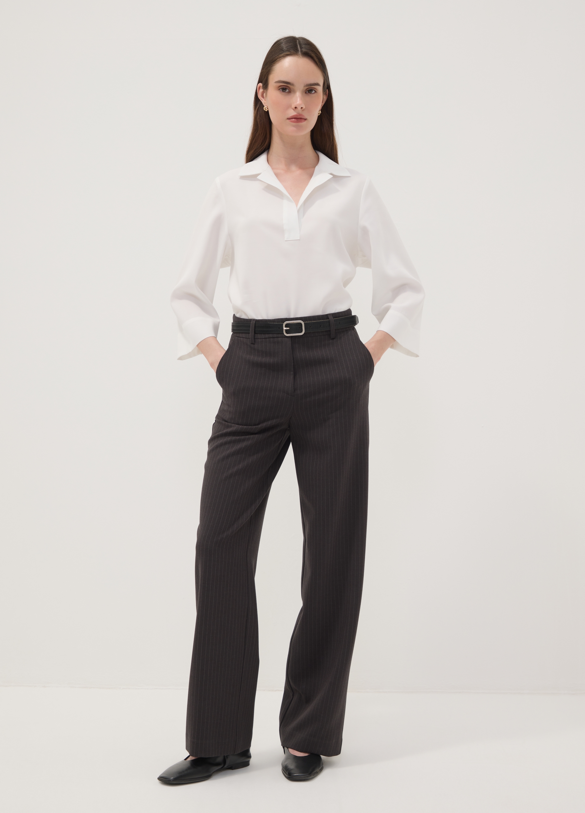 OVS, Pantaloni Grigi Gessati In Viscosa Elasticizzato A Gamba Dritta, Donna, Grigio, Taglia: 50