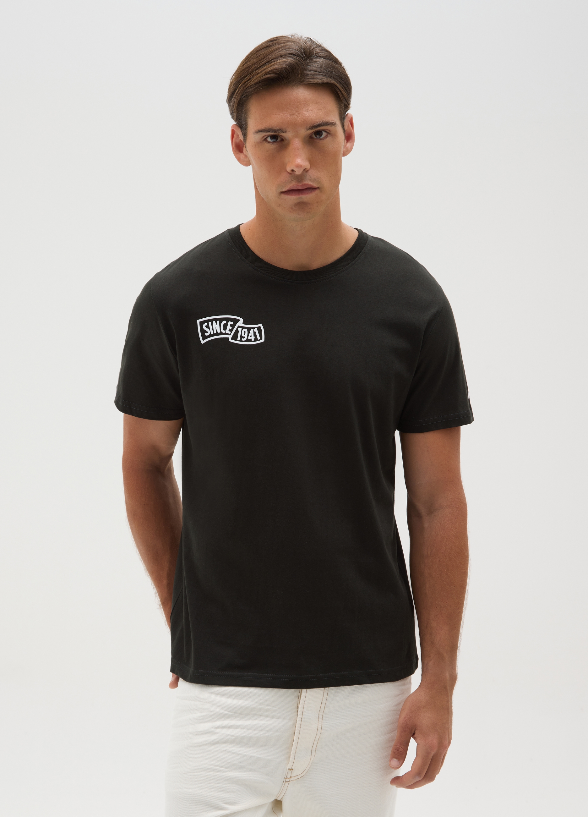 OVS , T-shirt Da Uomo In Puro Cotone Nero Regular Fit Con Stampa, Nero, Taglia: XL