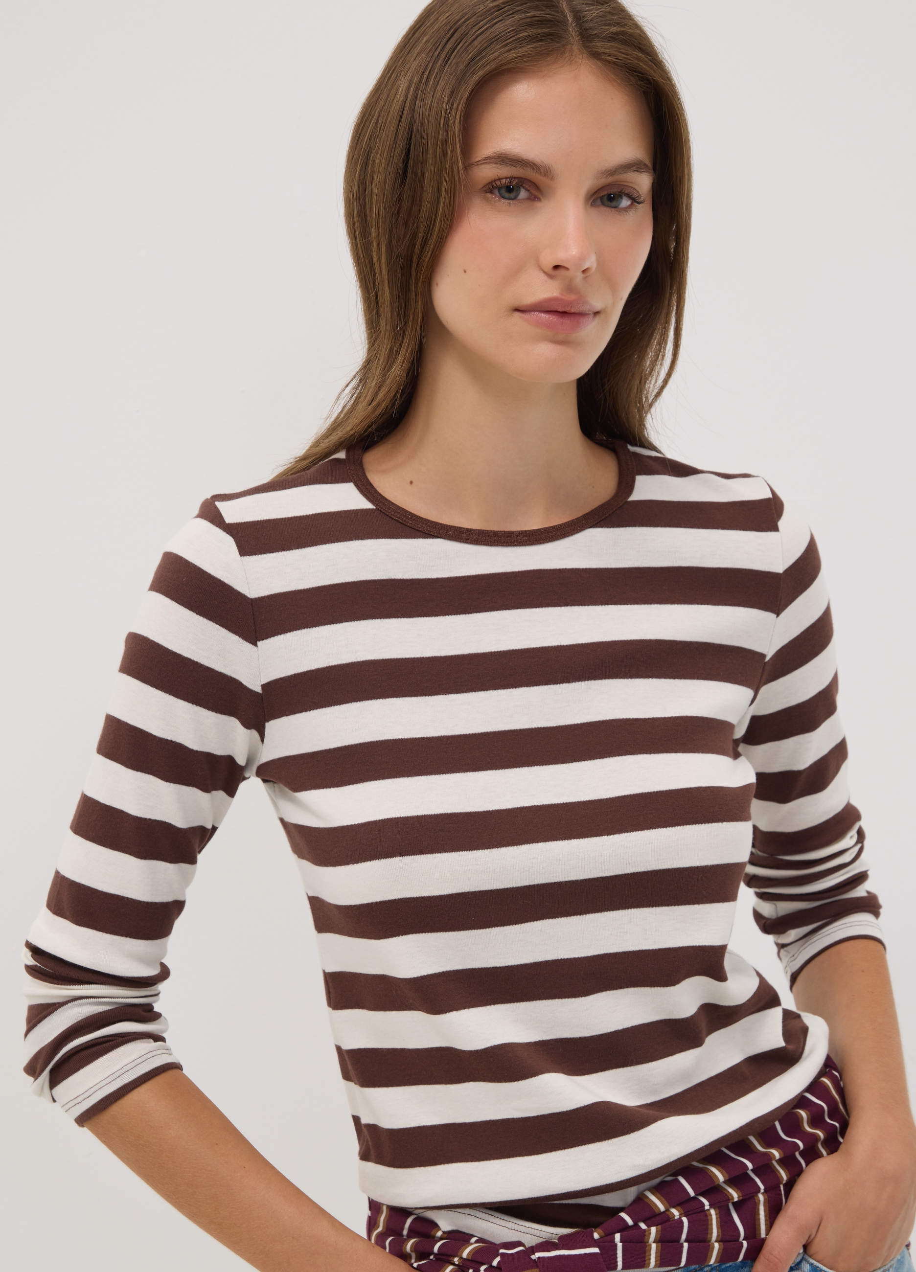OVS, T-shirt Bianca A Righe In Puro Cotone Con Girocollo, Donna, Bianco, Taglia: M