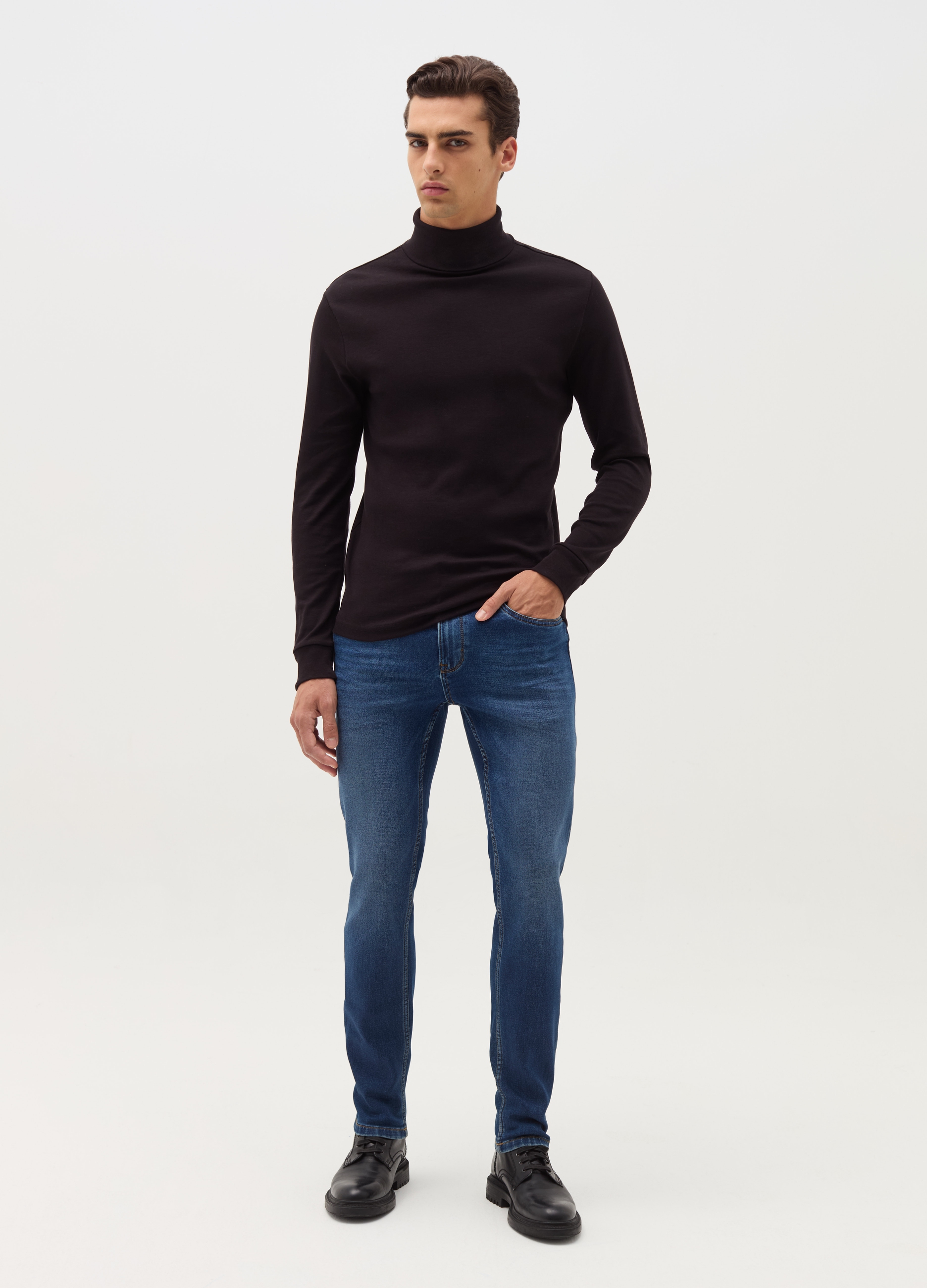 Camiseta De Algodón Entretejido De Cuello Alto, Hombre, Negro, Talla: M