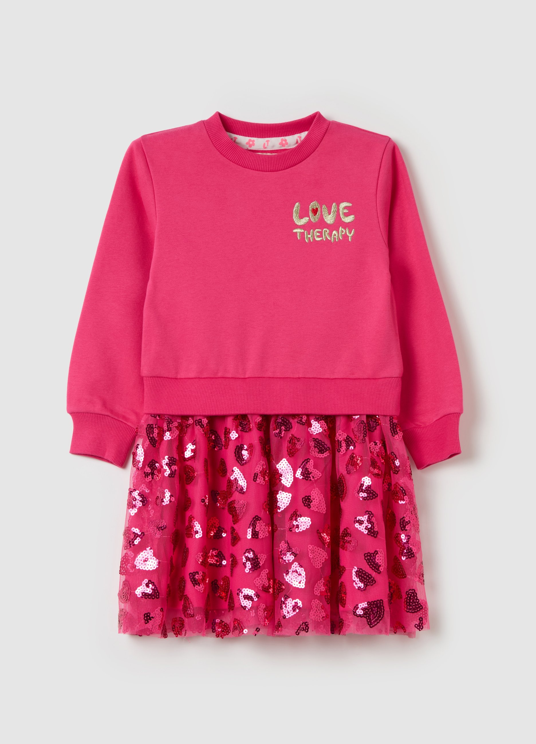 LOVE THERAPY, Abito Combinato Con Cuori Di Paillettes E Ricamo Lurex, Bambina, Rosa, Taglia: 3-4