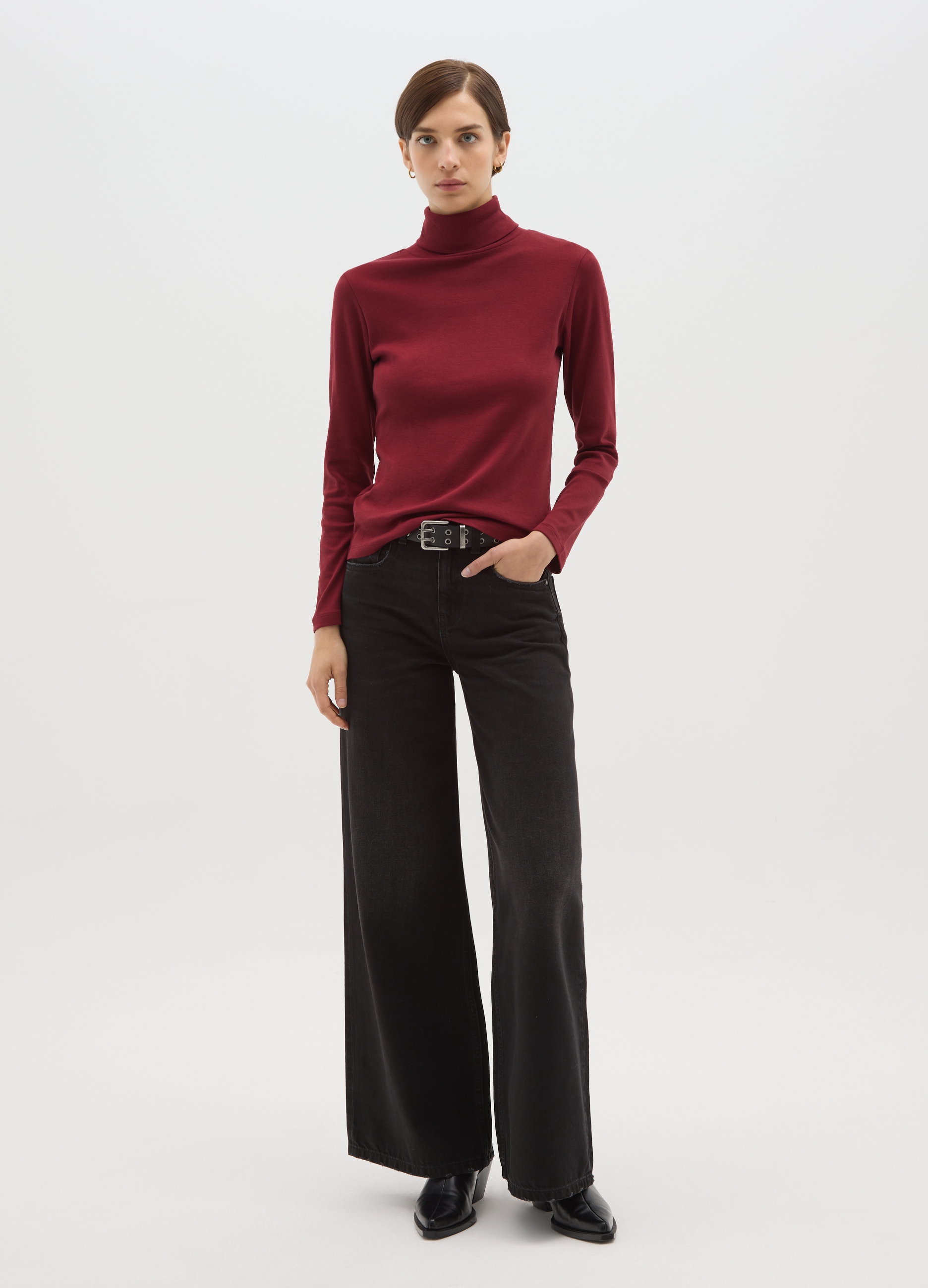 OVS, Maglia Rossa A Maniche Lunghe E Collo Alto In Puro Cotone Regular Fit, Donna, Rosso, Taglia: S