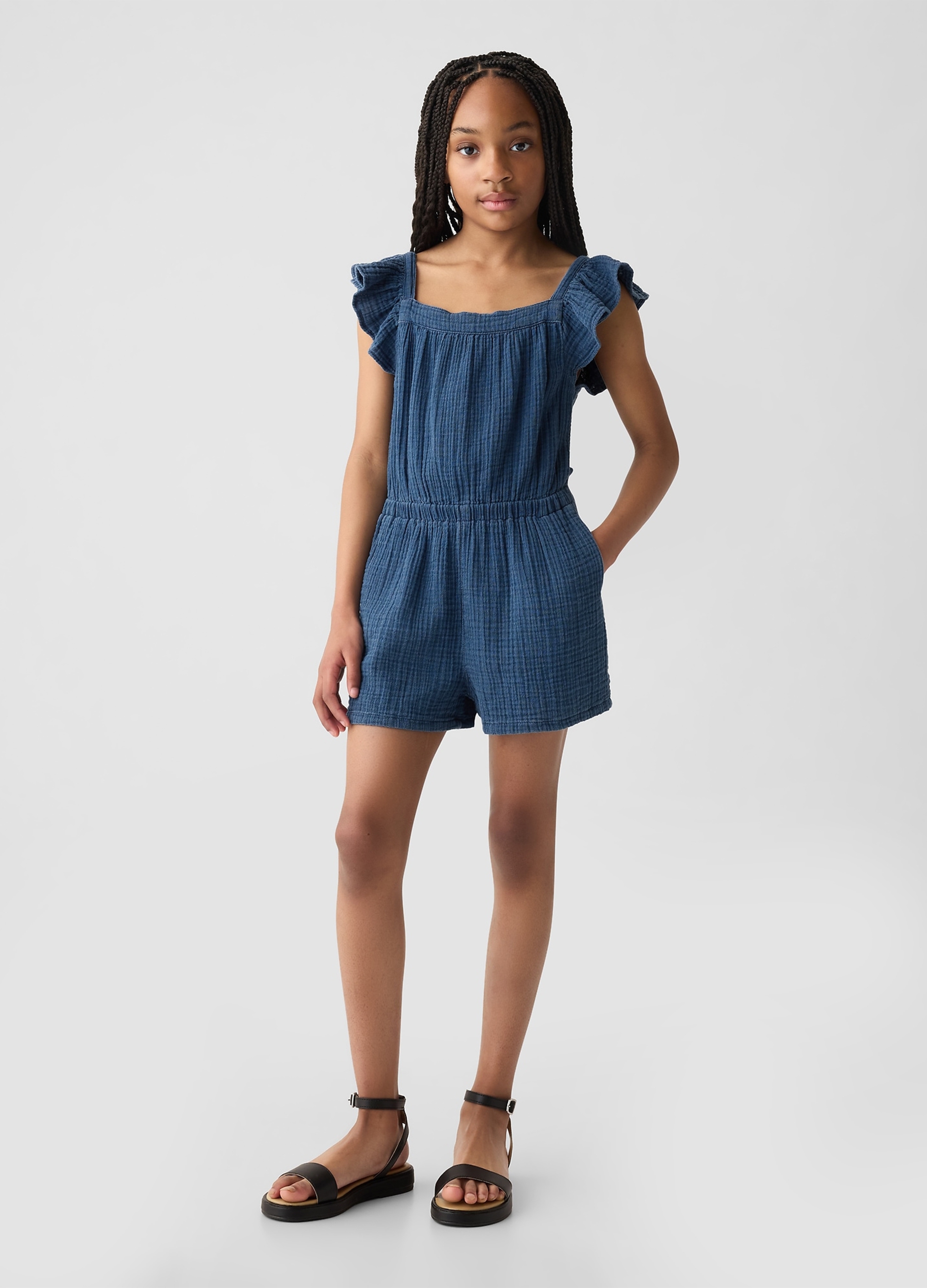 OVS, Tuta Corta In Garza Con Maniche A Farfalla, Bambina, Blu, Taglia: XS/99-114