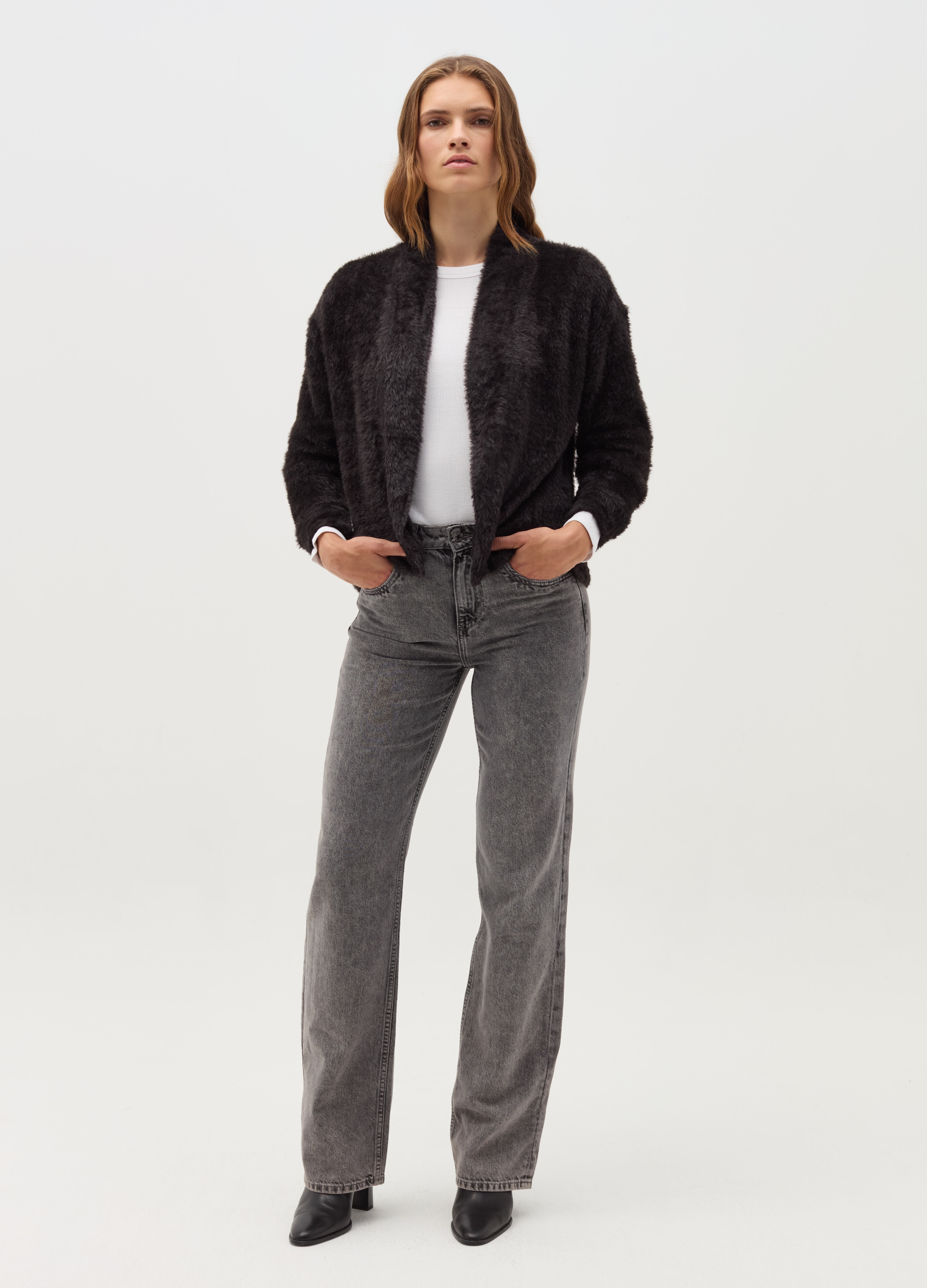 Cárdigan Abierto De Hilo Esponjoso, Mujer, Negro, Talla: L/XL