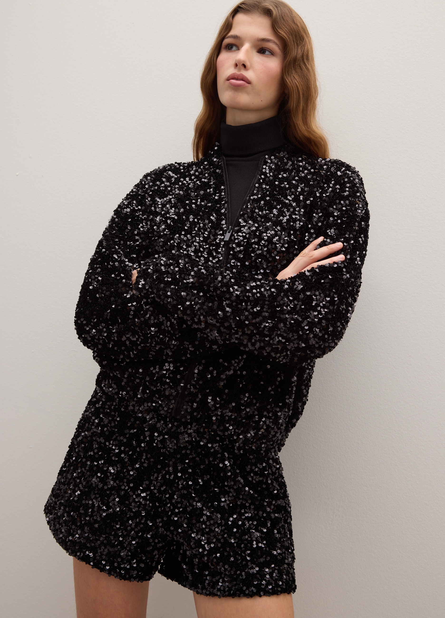 Piombo Contemporary, Cárdigan Negro Regular Fit Con Cremallera Y Lentejuelas, Mujer, Gunmetal, Talla: 40