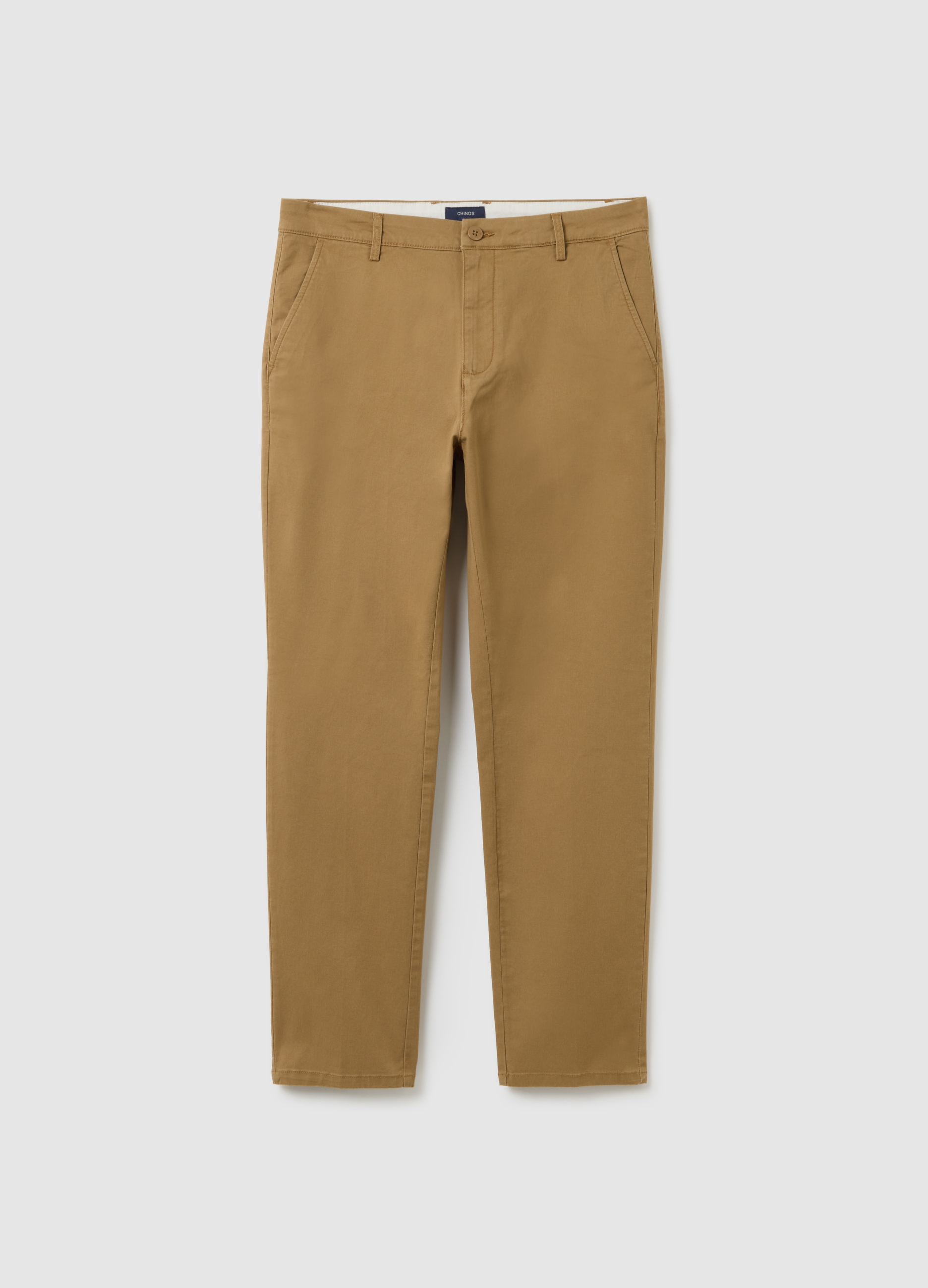 Pantalones Beige De Algodón Elástico Corte Regular, Hombre, Beige Oscuro, Talla: 50