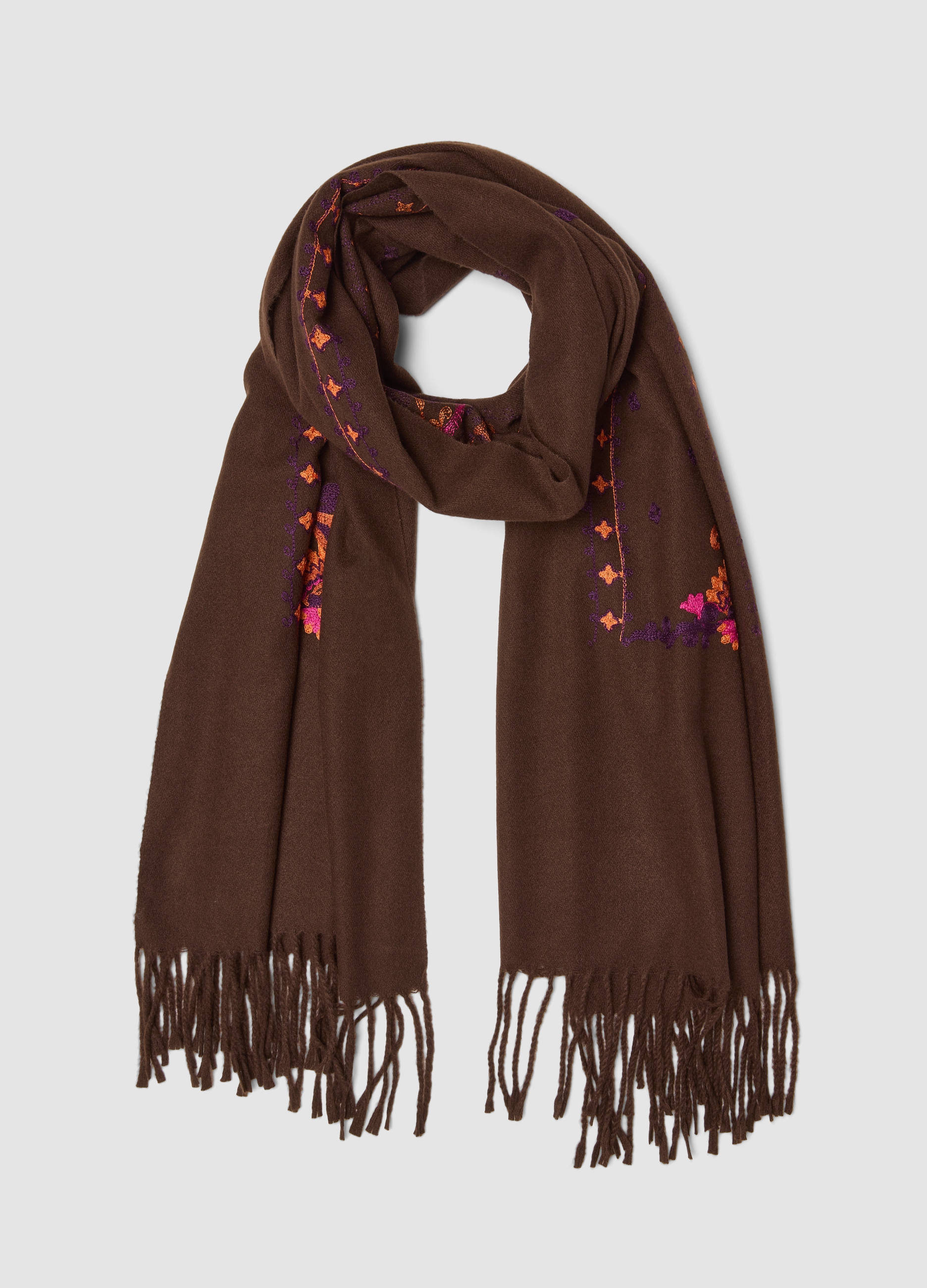 PIOMBO, Sciarpa Marrone In Misto Viscosa Con Ricami E Frange, Donna, Marrone, Taglia: ONE SIZE