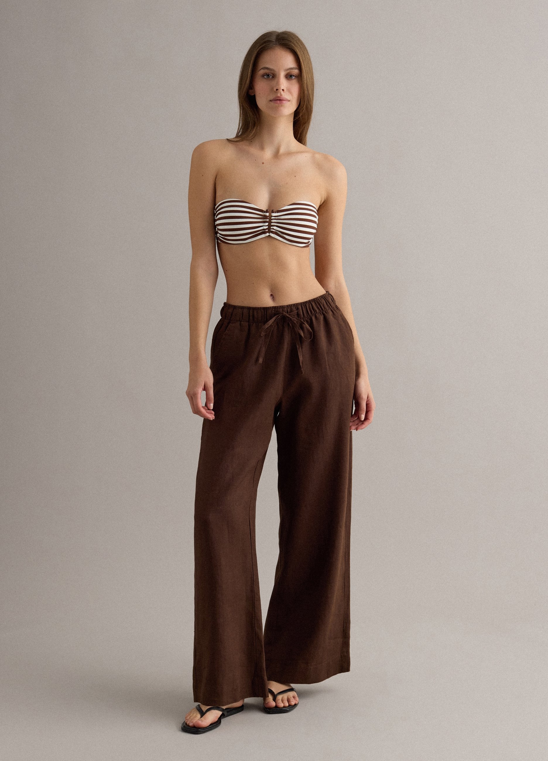 PIOMBO, Top Bikini A Fascia Marrone In Tessuto Elasticizzato, Mujer, Blanco/marrón, Talla: 5