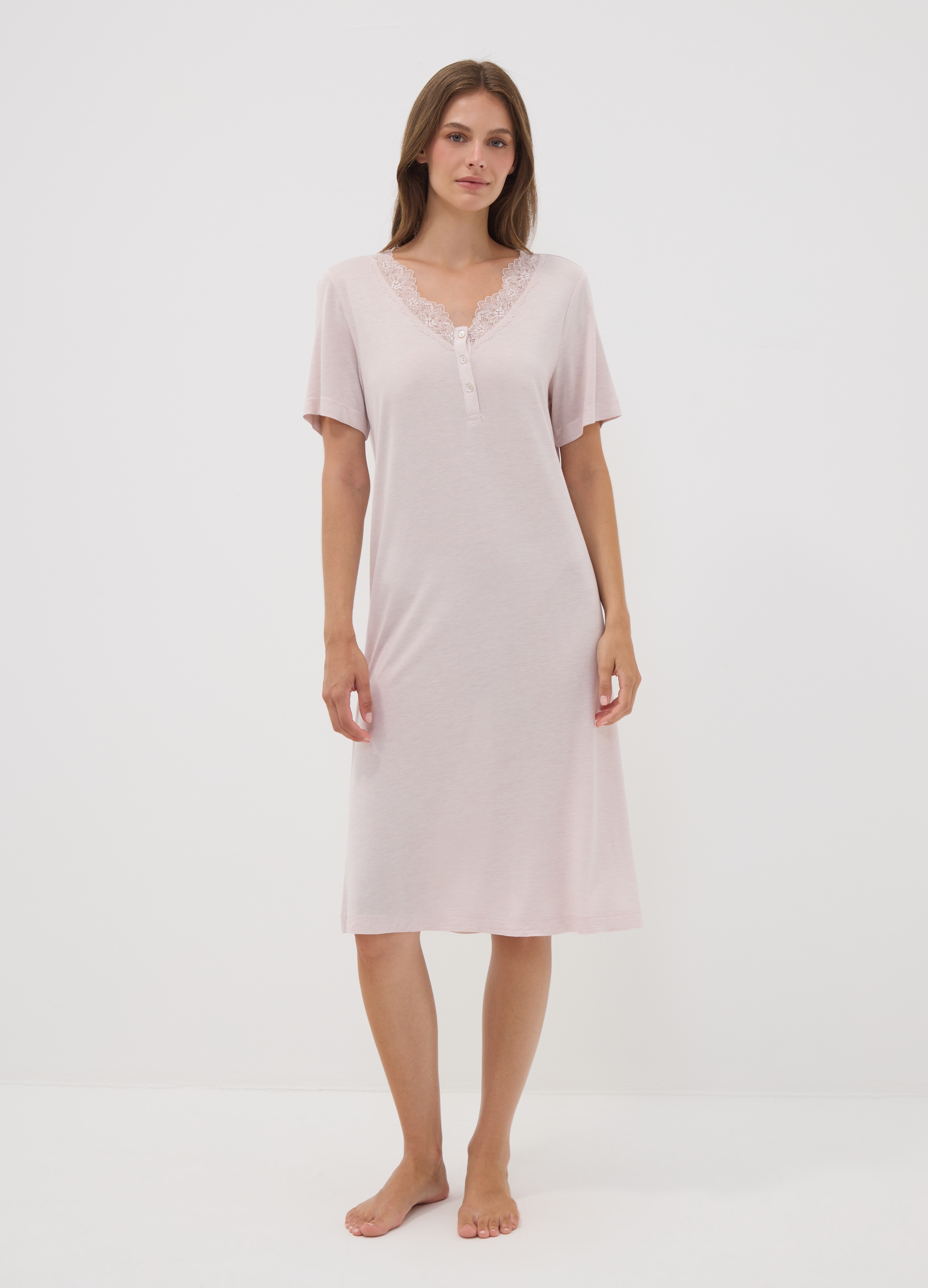 OVS, Camicia Da Notte Rosa In Pura Viscosa Con Scollo A V, Donna, Rosa, Taglia: 46
