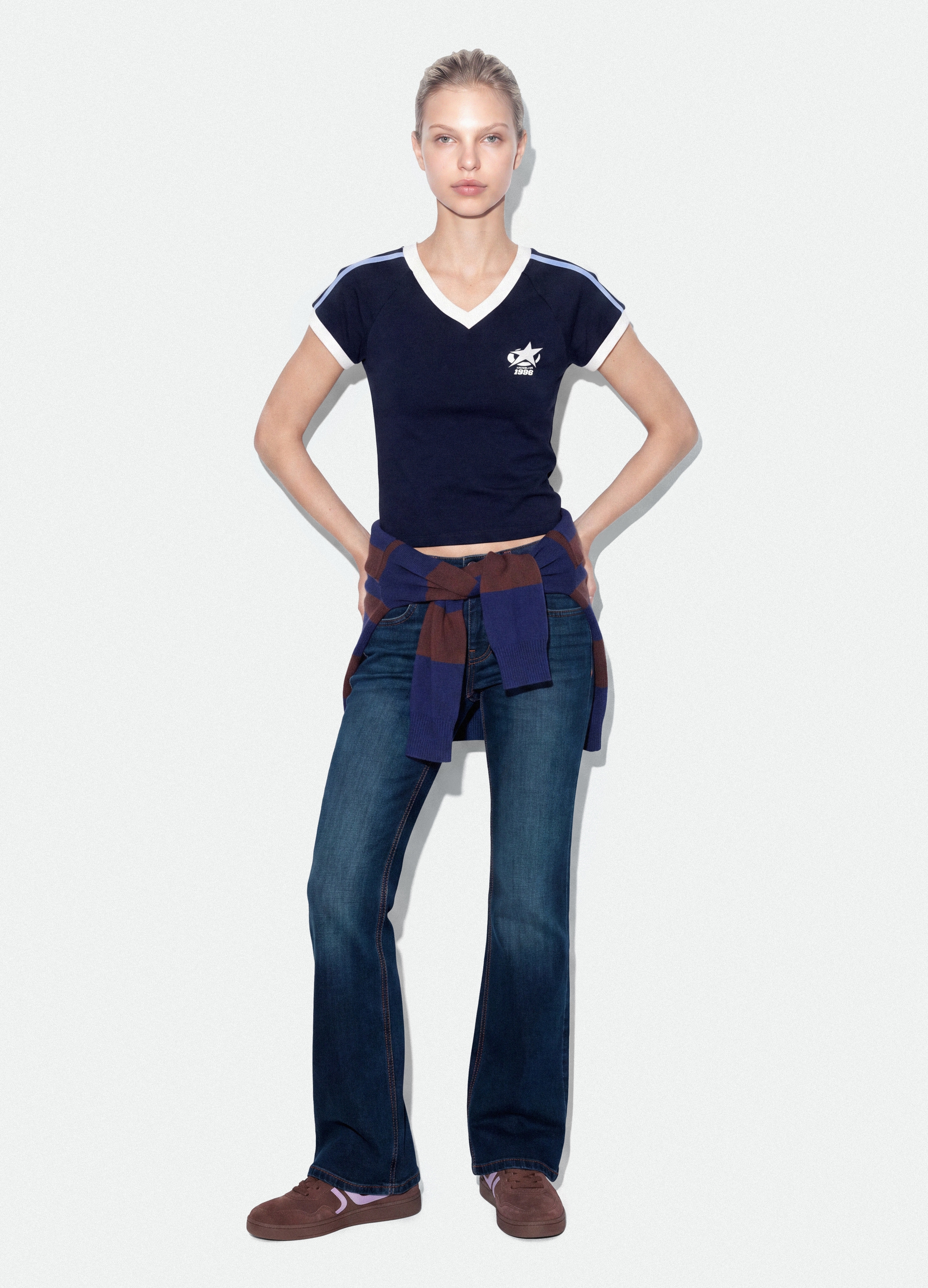 B.ANGEL, T-shirt Blu In Puro Cotone Con Scollo A V E Stampa Frontale, Donna, Blu, Taglia: L